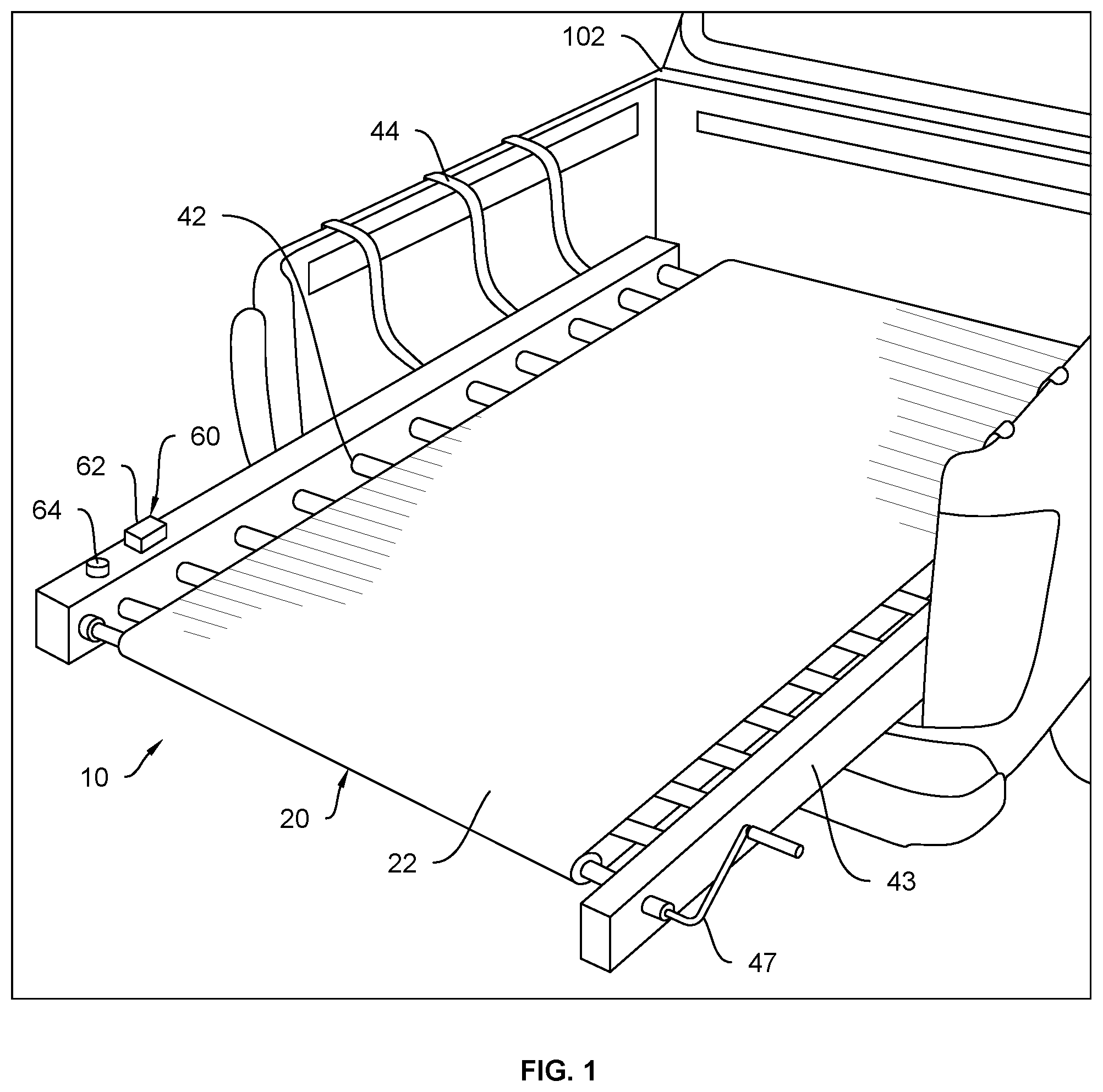 Patent US12351093 Figure 1 – Truck bed unloading apparatus