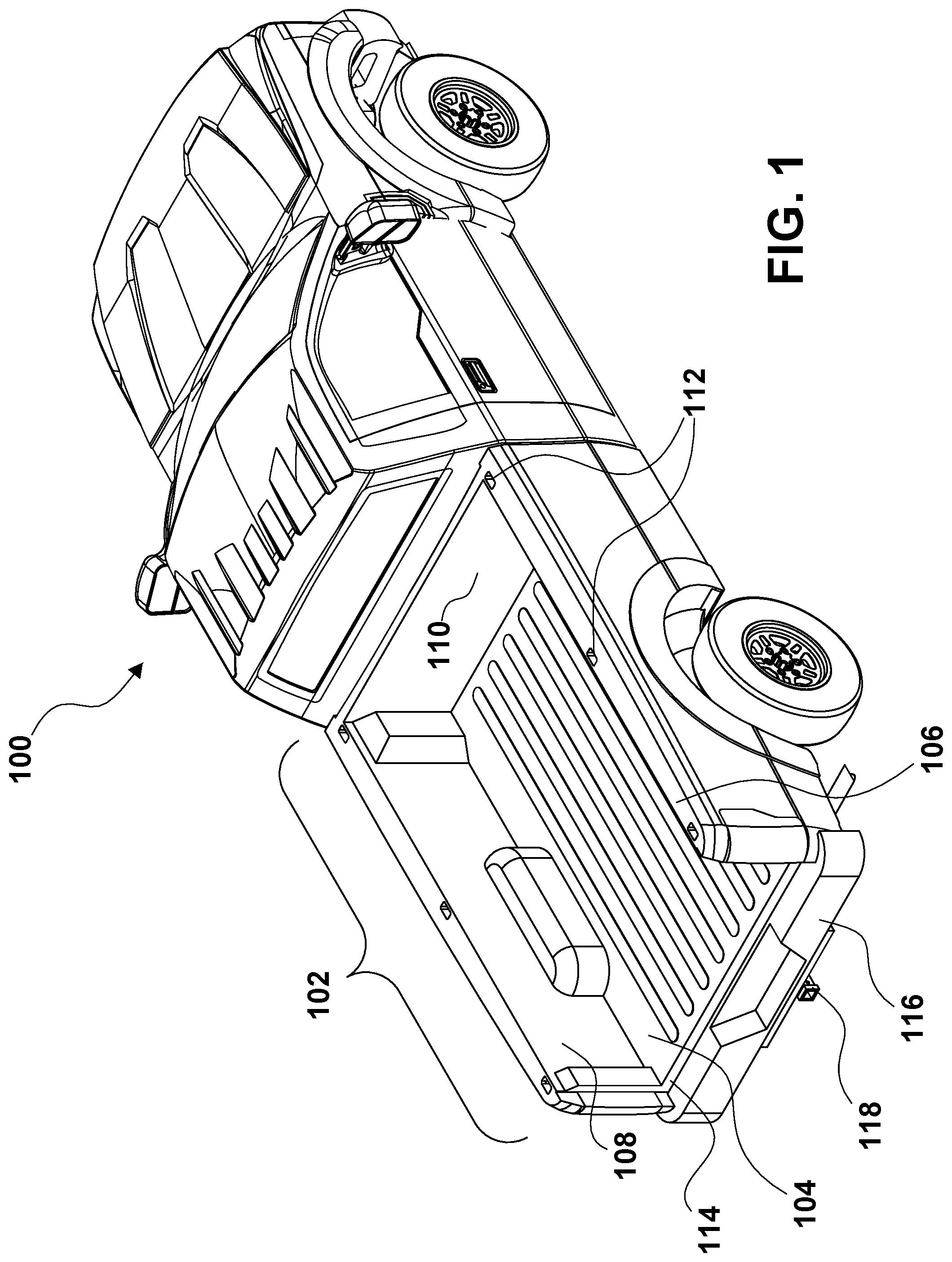 Patent US12351094 — Convertible ramp body for use with vehicles having cargo beds, a combination vehicle and convertible ramp body, and/or a method of loading rolling tools into a cargo bed of a vehicle using a convertible ramp body — Figure 1