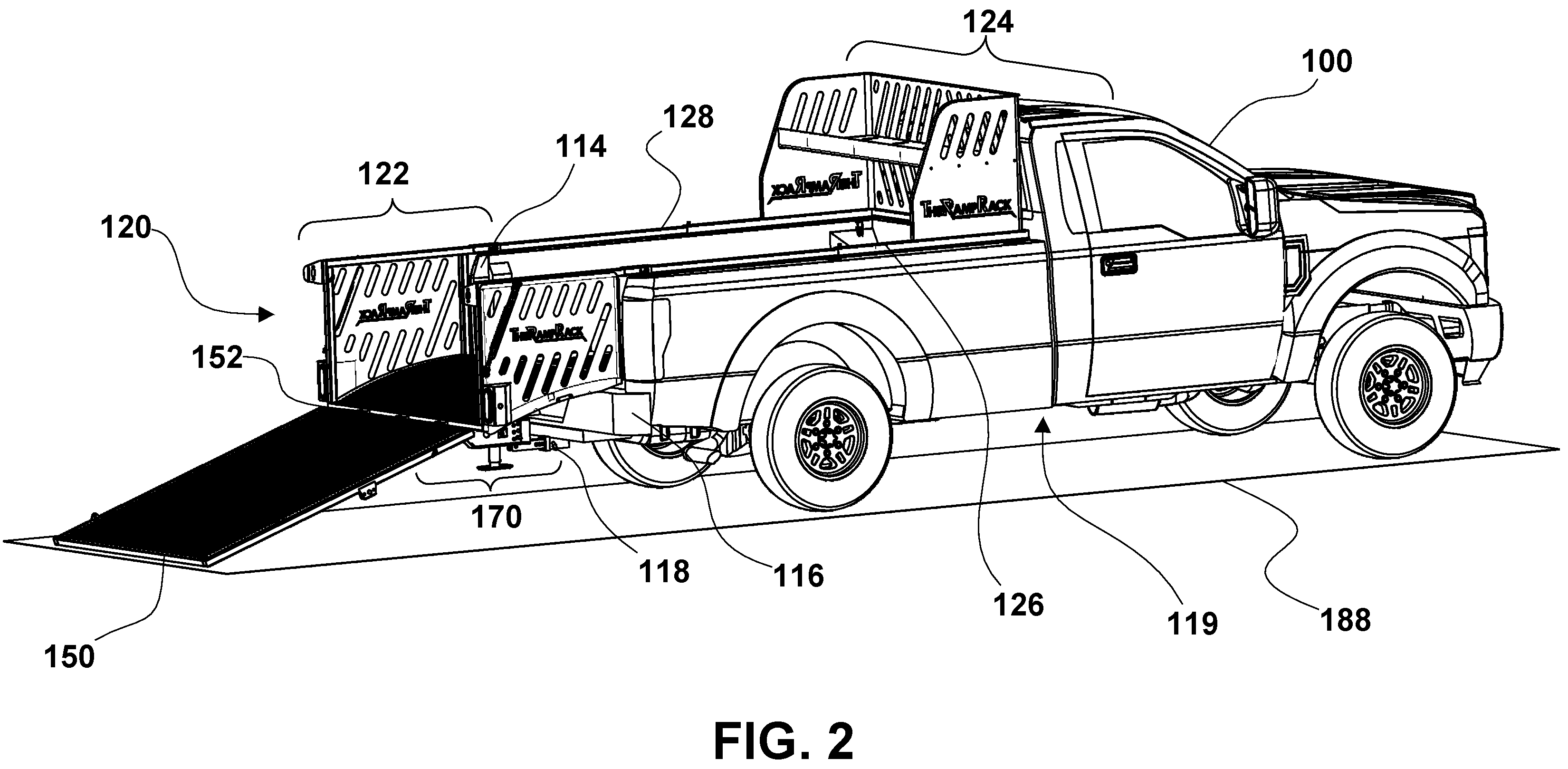 Patent US12351094 Figure 2 – Convertible ramp body for use with vehicles having cargo beds, a combination vehicle and convertible ramp body, and/or a method of loading rolling tools into a cargo bed of a vehicle using a convertible ramp body