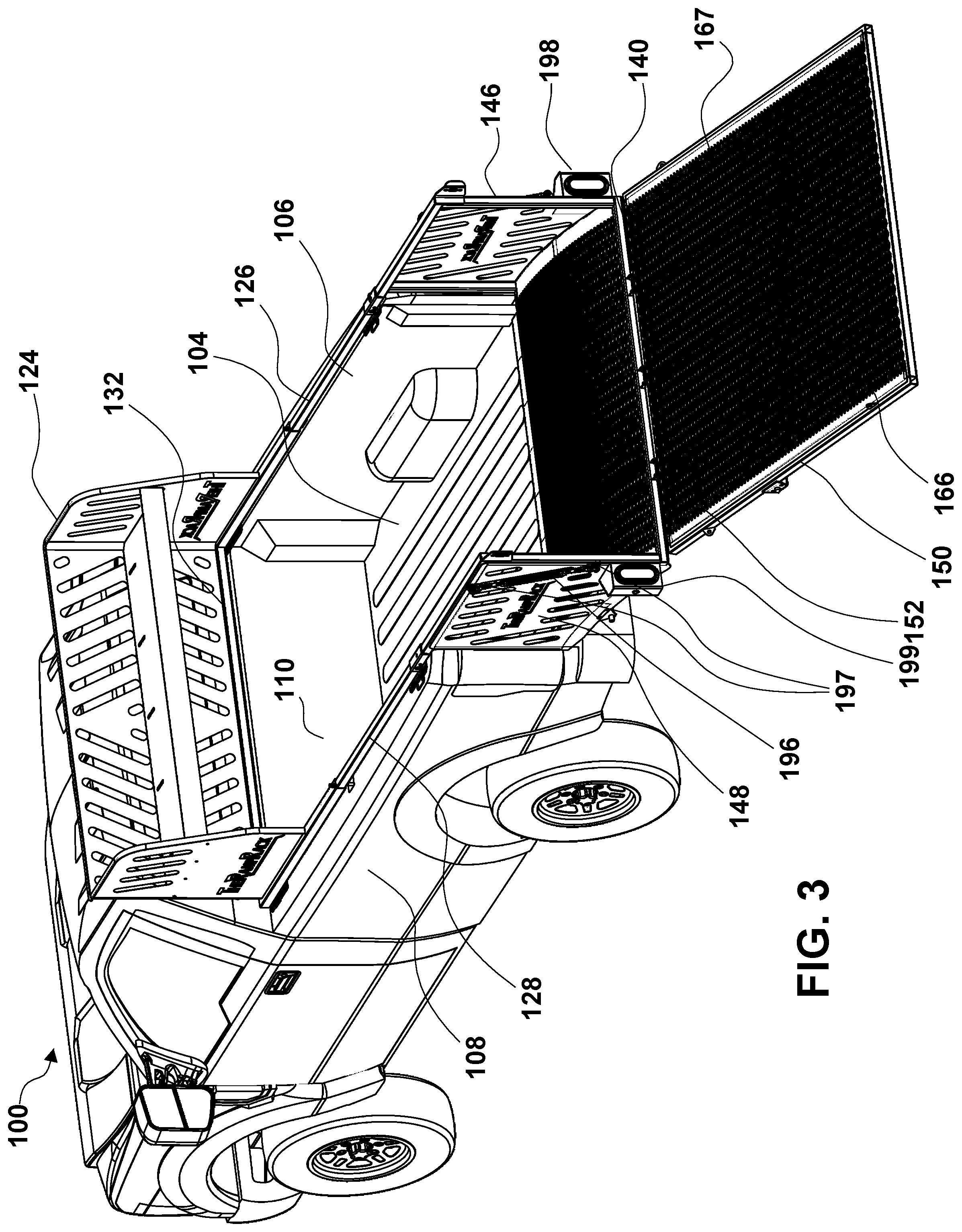 Patent US12351094 Figure 3 – Convertible ramp body for use with vehicles having cargo beds, a combination vehicle and convertible ramp body, and/or a method of loading rolling tools into a cargo bed of a vehicle using a convertible ramp body
