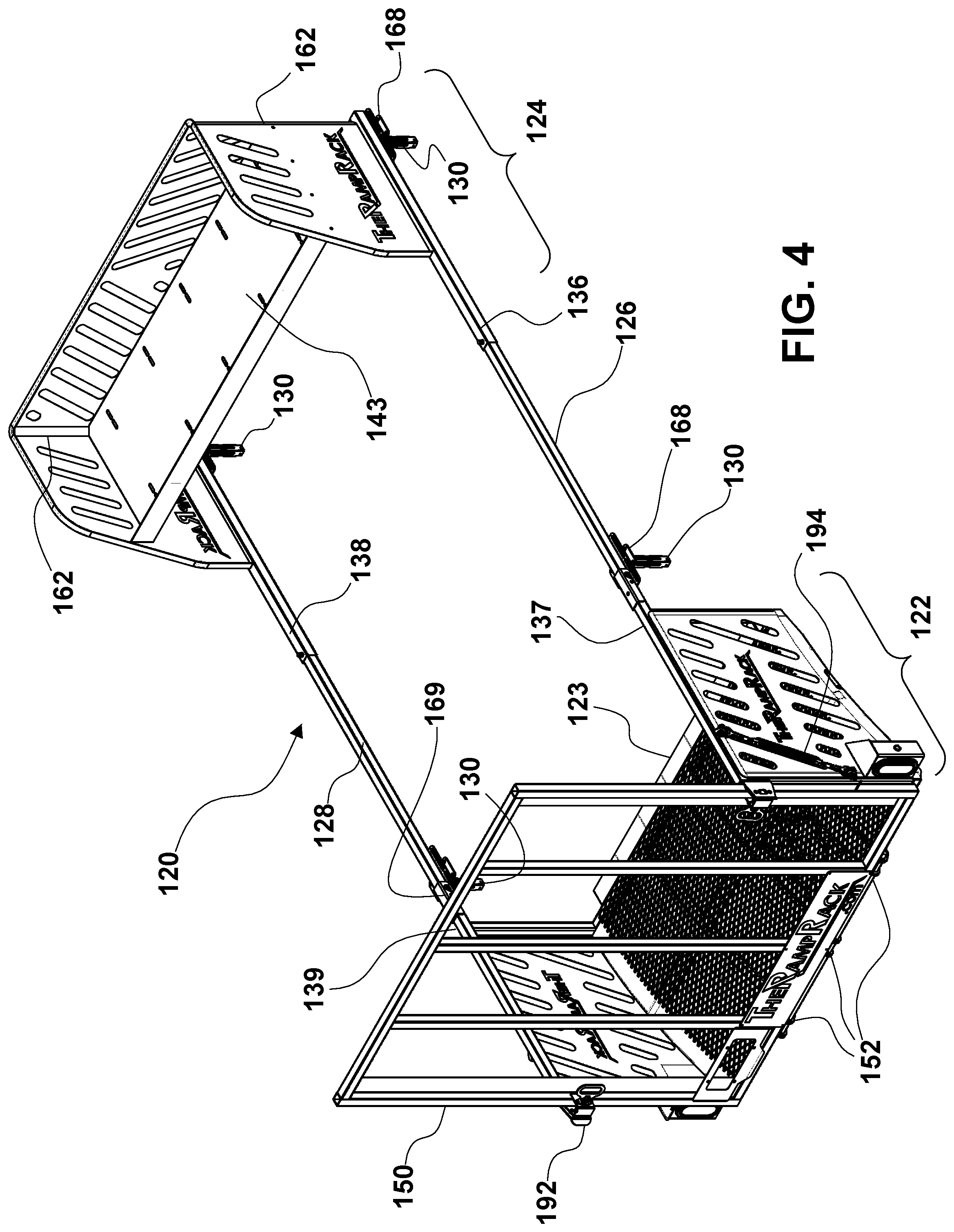 Patent US12351094 Figure 4 – Convertible ramp body for use with vehicles having cargo beds, a combination vehicle and convertible ramp body, and/or a method of loading rolling tools into a cargo bed of a vehicle using a convertible ramp body