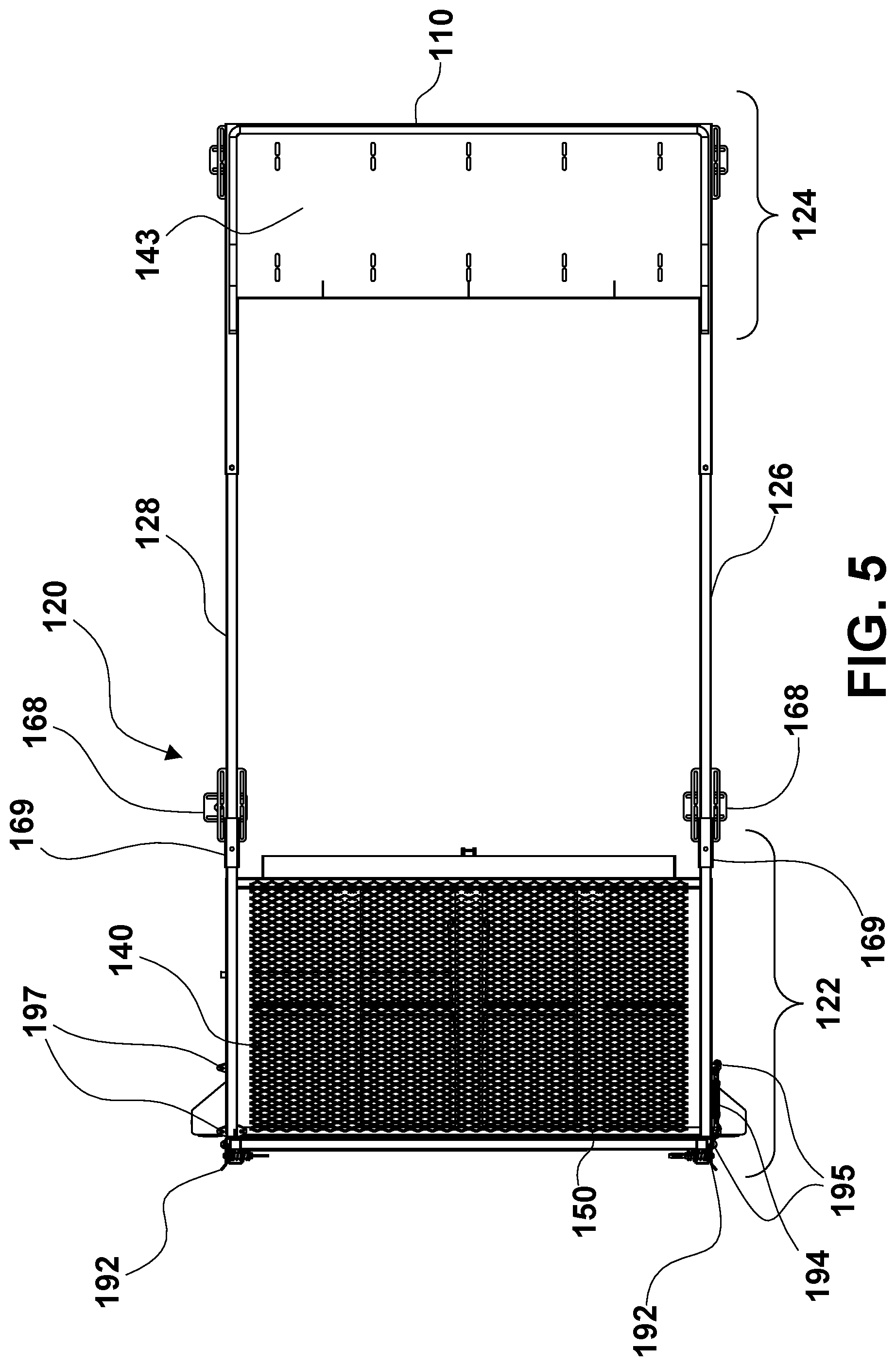 Patent US12351094 Figure 5 – Convertible ramp body for use with vehicles having cargo beds, a combination vehicle and convertible ramp body, and/or a method of loading rolling tools into a cargo bed of a vehicle using a convertible ramp body