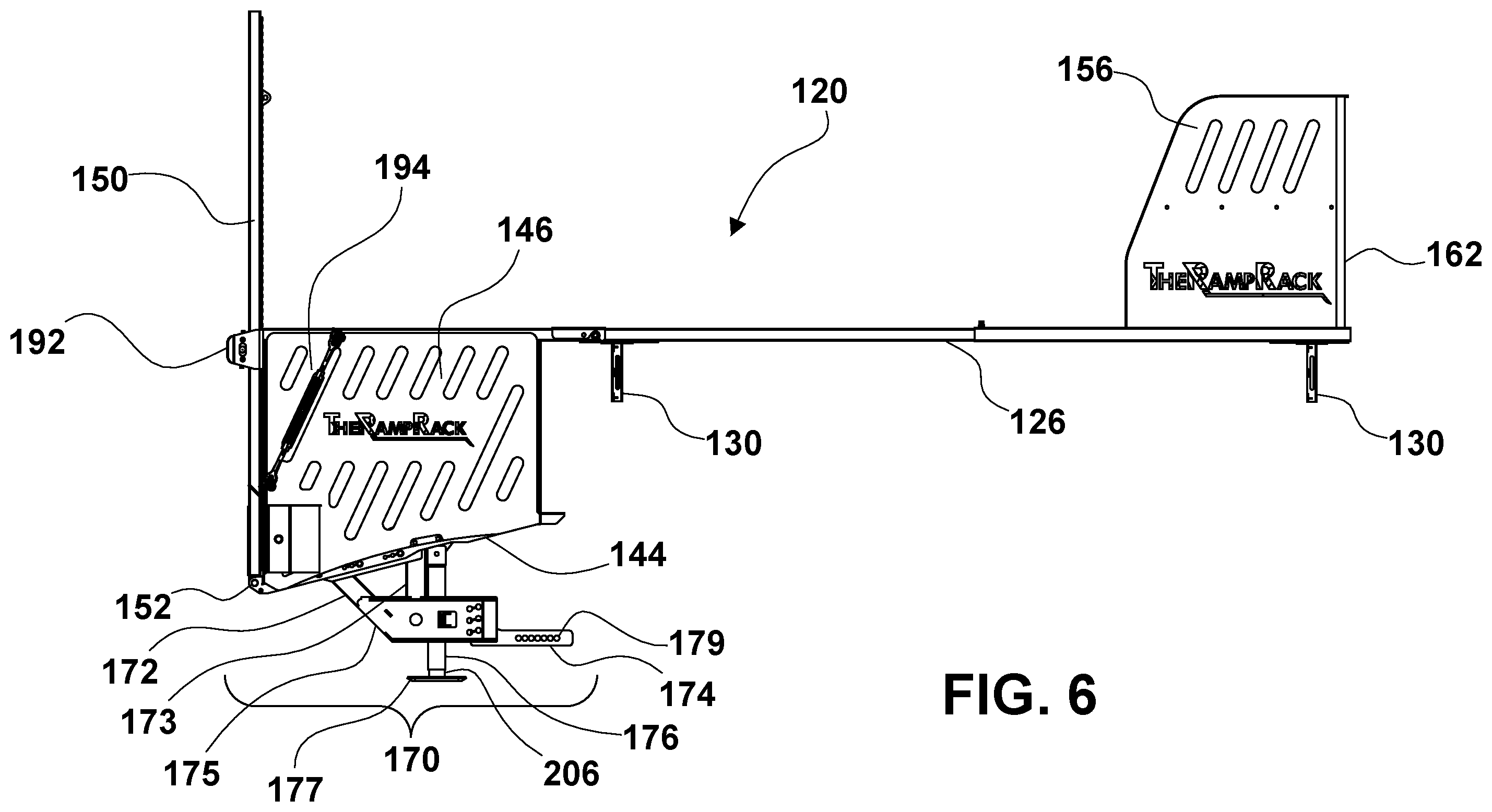 Patent US12351094 Figure 6 – Convertible ramp body for use with vehicles having cargo beds, a combination vehicle and convertible ramp body, and/or a method of loading rolling tools into a cargo bed of a vehicle using a convertible ramp body