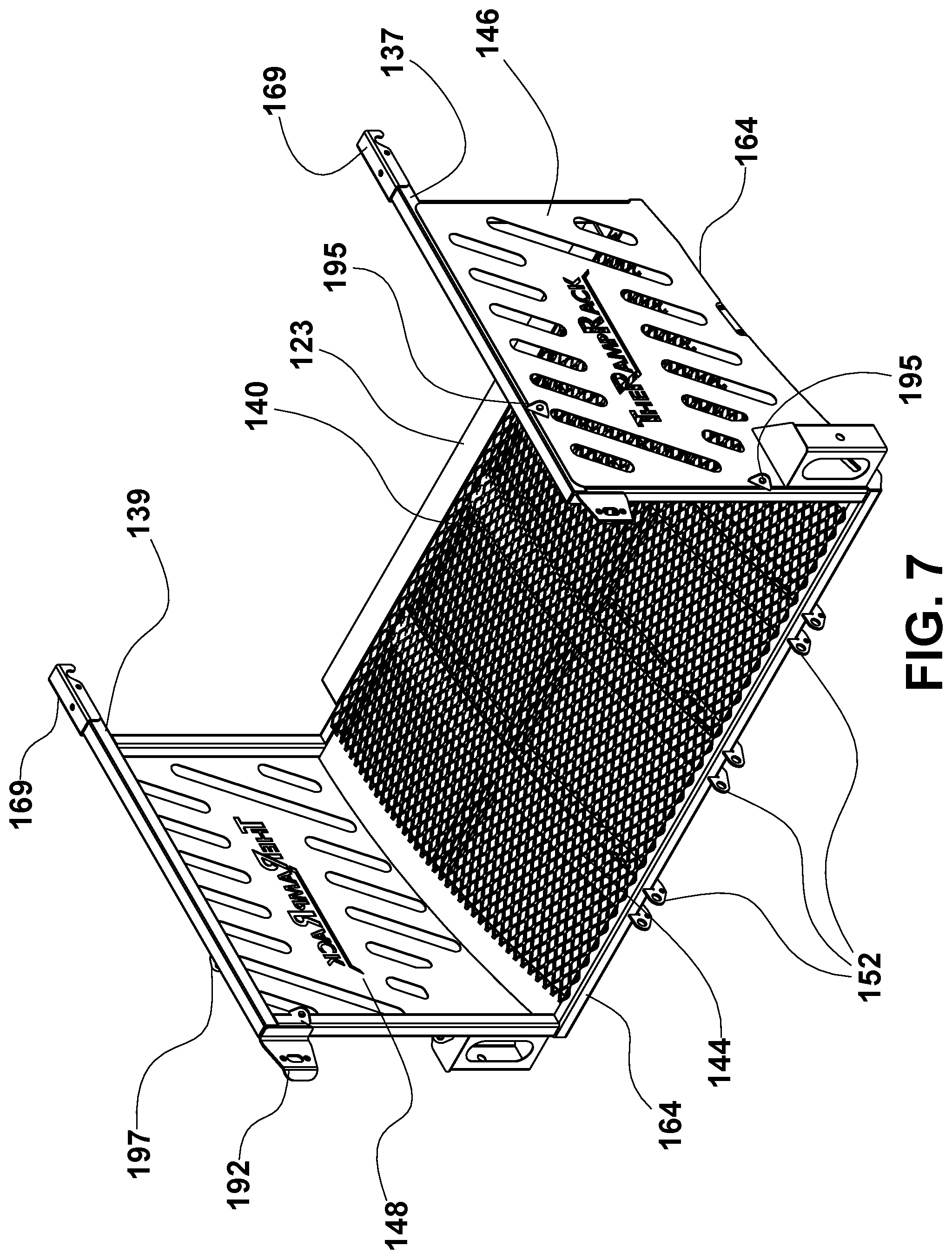 Patent US12351094 Figure 7 – Convertible ramp body for use with vehicles having cargo beds, a combination vehicle and convertible ramp body, and/or a method of loading rolling tools into a cargo bed of a vehicle using a convertible ramp body