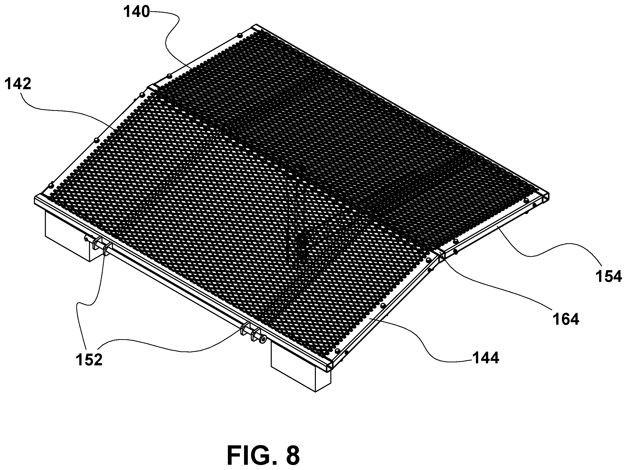 Patent US12351094 Figure 8 – Convertible ramp body for use with vehicles having cargo beds, a combination vehicle and convertible ramp body, and/or a method of loading rolling tools into a cargo bed of a vehicle using a convertible ramp body