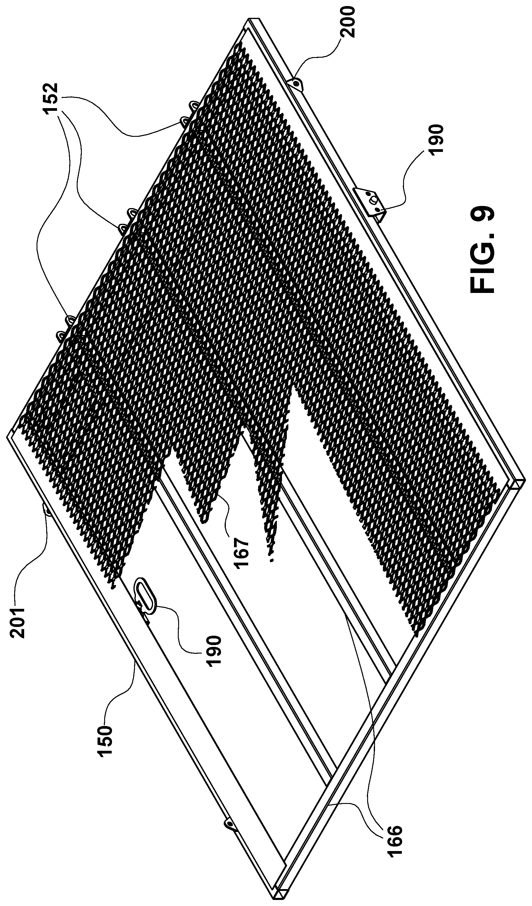 Patent US12351094 Figure 9 – Convertible ramp body for use with vehicles having cargo beds, a combination vehicle and convertible ramp body, and/or a method of loading rolling tools into a cargo bed of a vehicle using a convertible ramp body