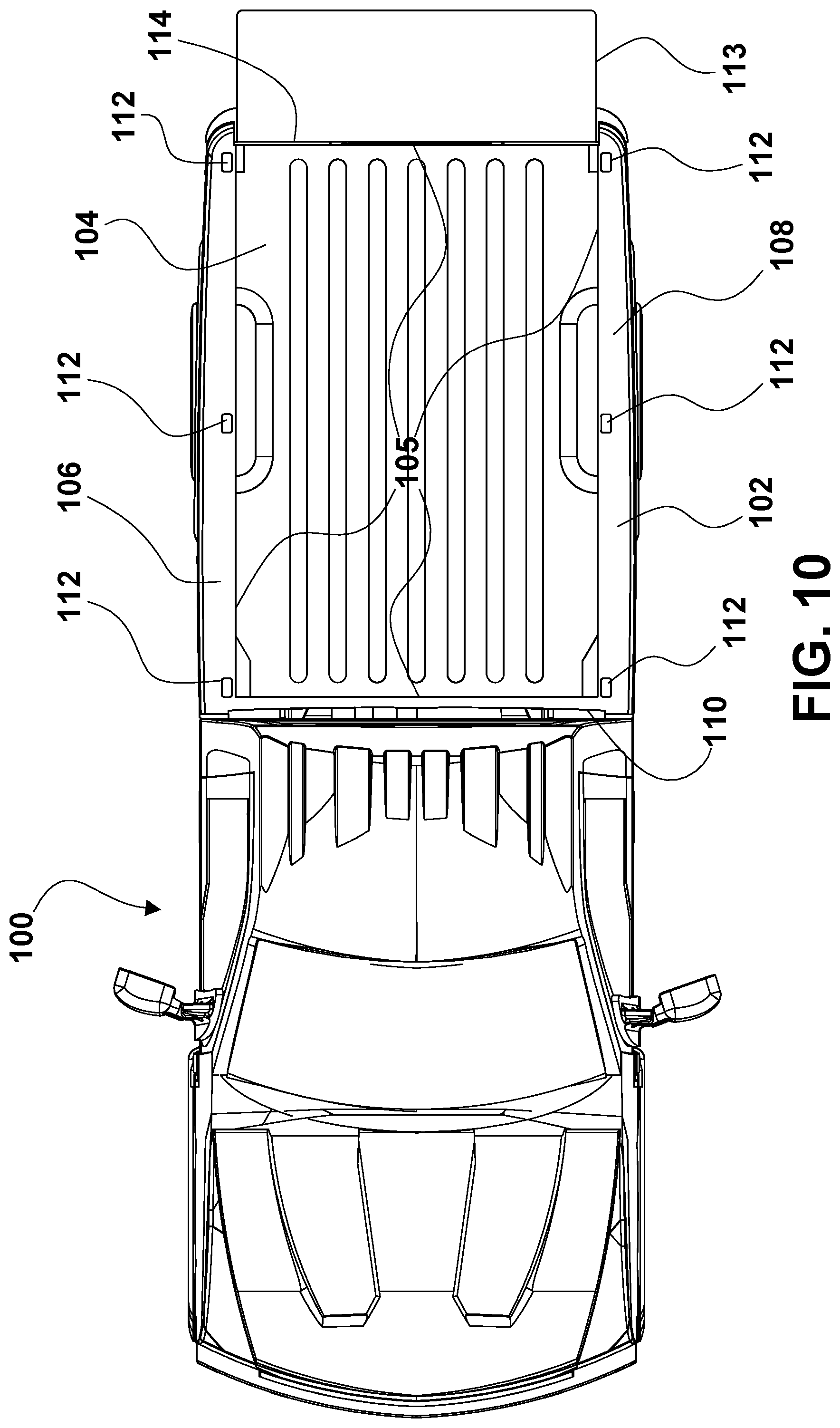 Patent US12351094 Figure 10 – Convertible ramp body for use with vehicles having cargo beds, a combination vehicle and convertible ramp body, and/or a method of loading rolling tools into a cargo bed of a vehicle using a convertible ramp body
