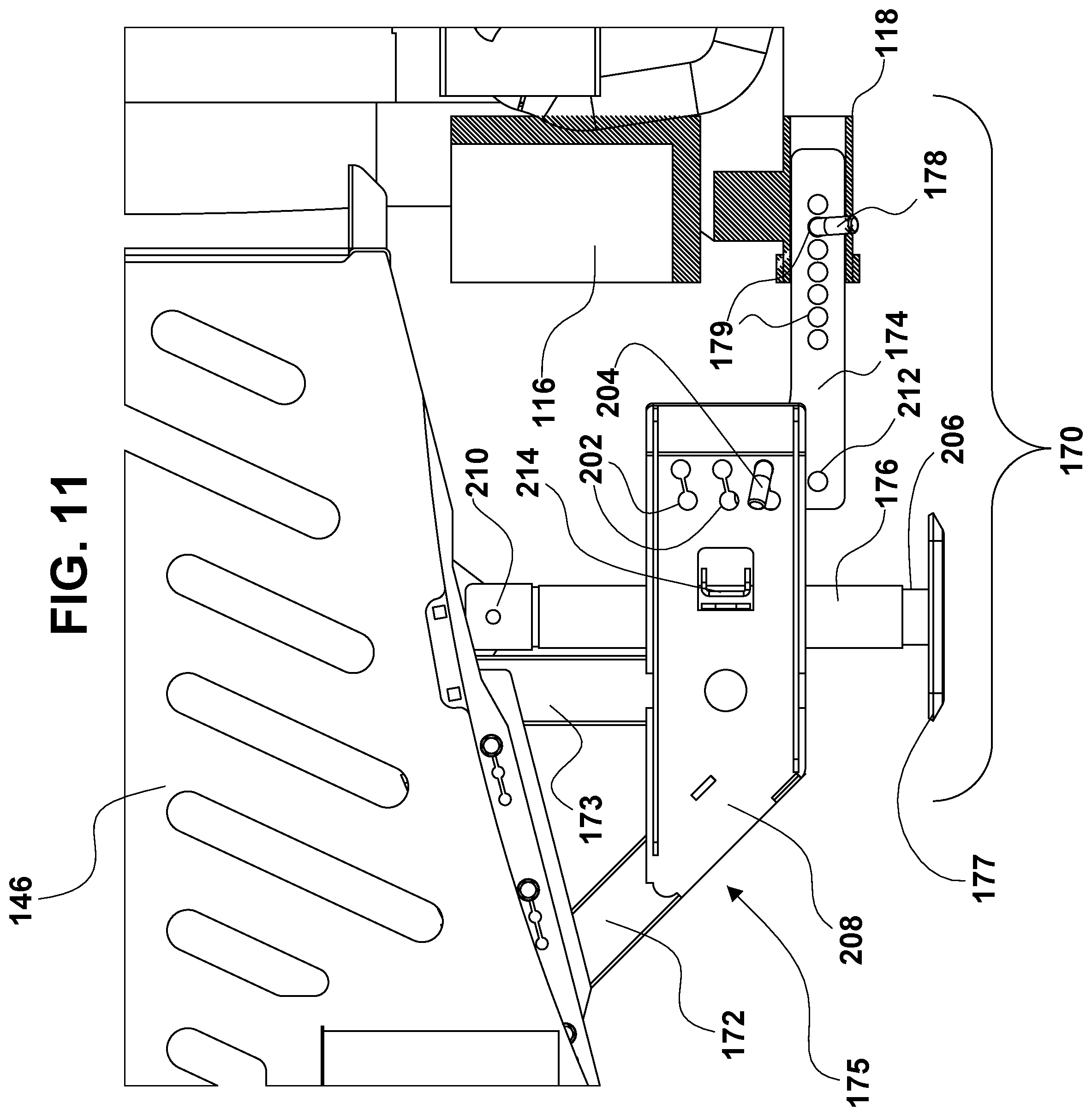 Patent US12351094 Figure 11 – Convertible ramp body for use with vehicles having cargo beds, a combination vehicle and convertible ramp body, and/or a method of loading rolling tools into a cargo bed of a vehicle using a convertible ramp body