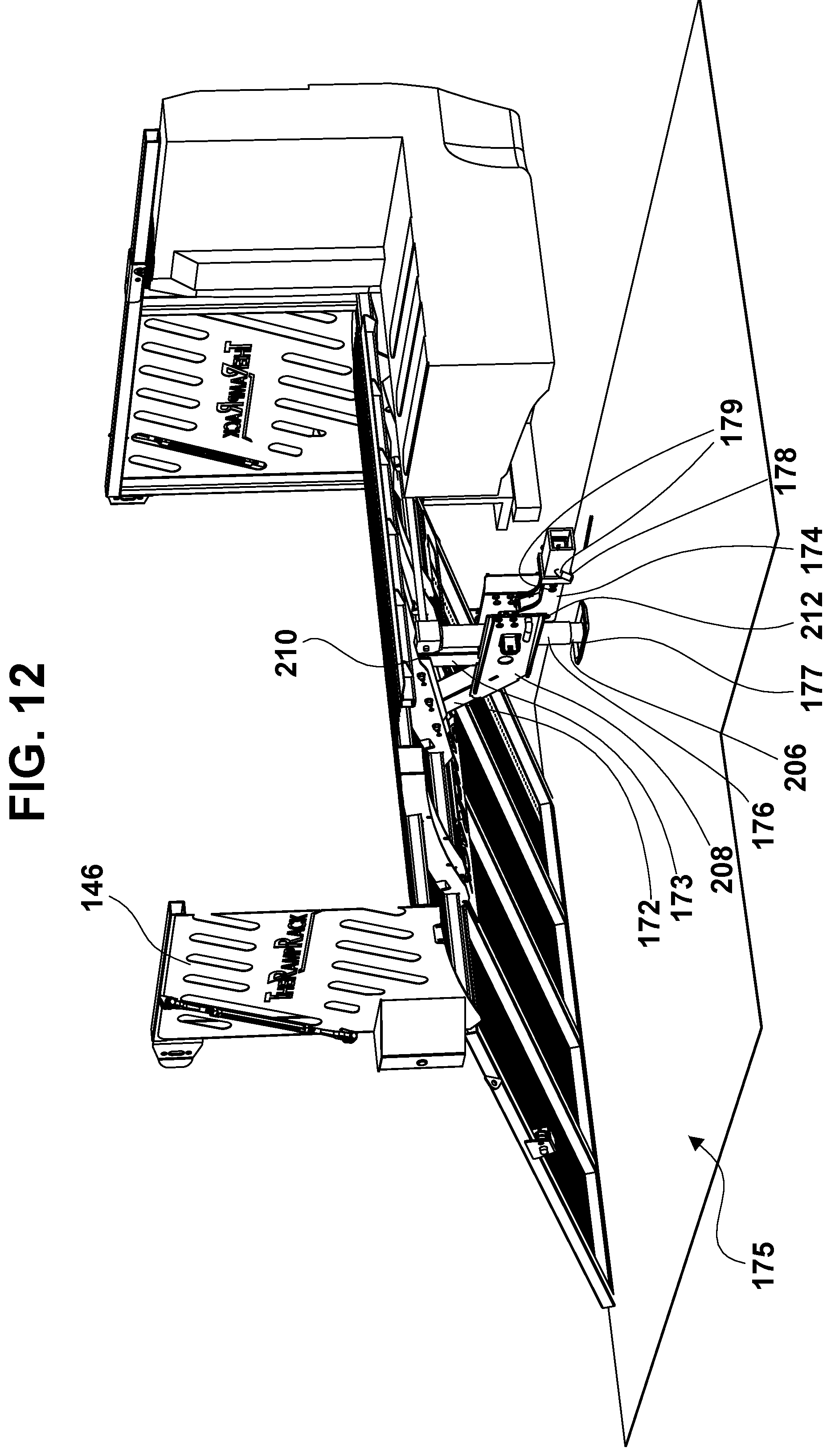 Patent US12351094 Figure 12 – Convertible ramp body for use with vehicles having cargo beds, a combination vehicle and convertible ramp body, and/or a method of loading rolling tools into a cargo bed of a vehicle using a convertible ramp body