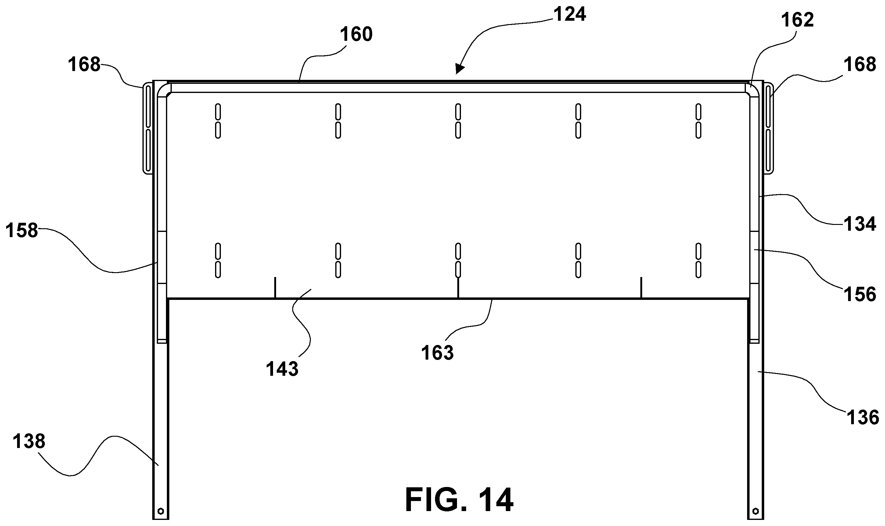 Patent US12351094 Figure 14 – Convertible ramp body for use with vehicles having cargo beds, a combination vehicle and convertible ramp body, and/or a method of loading rolling tools into a cargo bed of a vehicle using a convertible ramp body