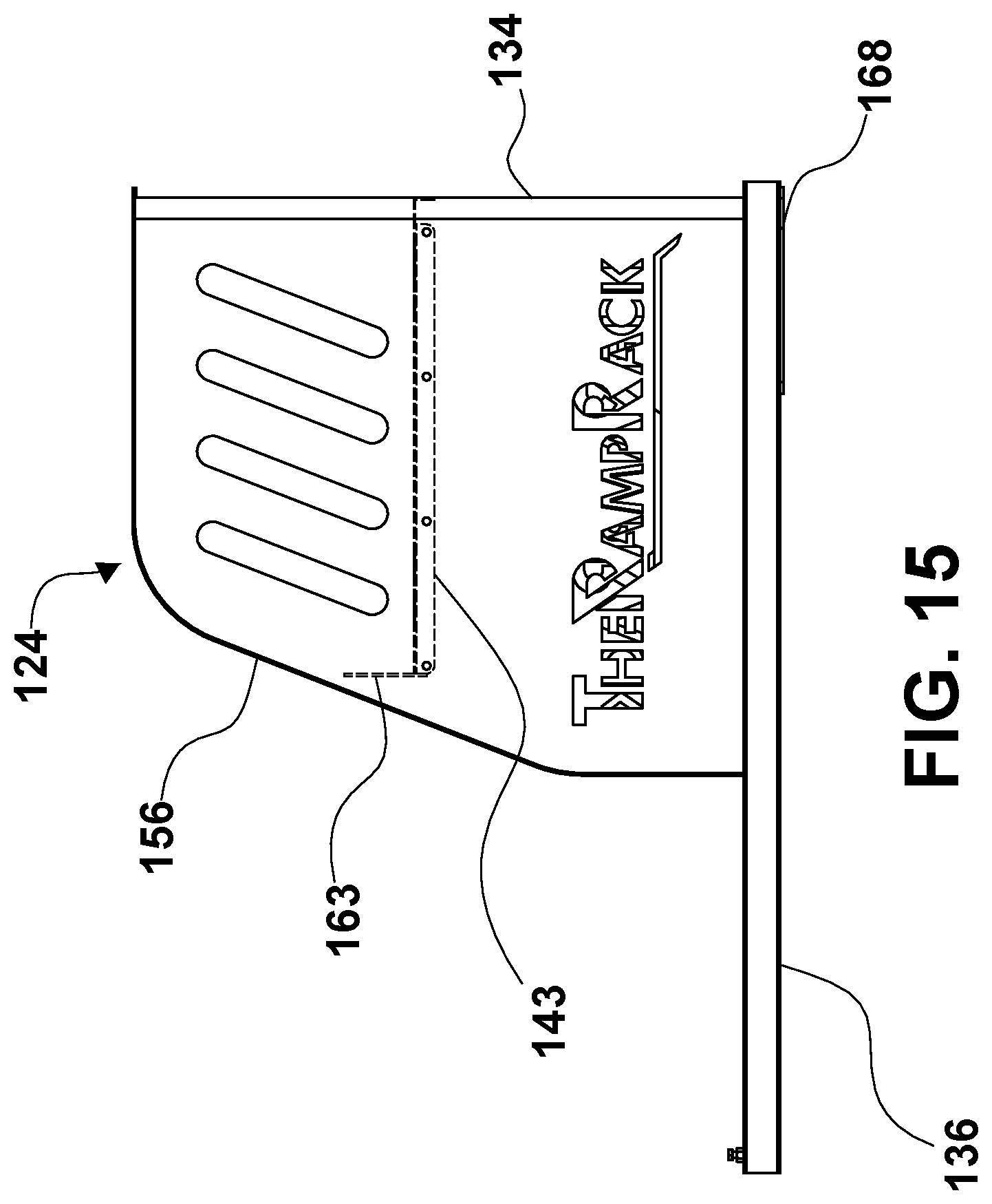Patent US12351094 Figure 15 – Convertible ramp body for use with vehicles having cargo beds, a combination vehicle and convertible ramp body, and/or a method of loading rolling tools into a cargo bed of a vehicle using a convertible ramp body