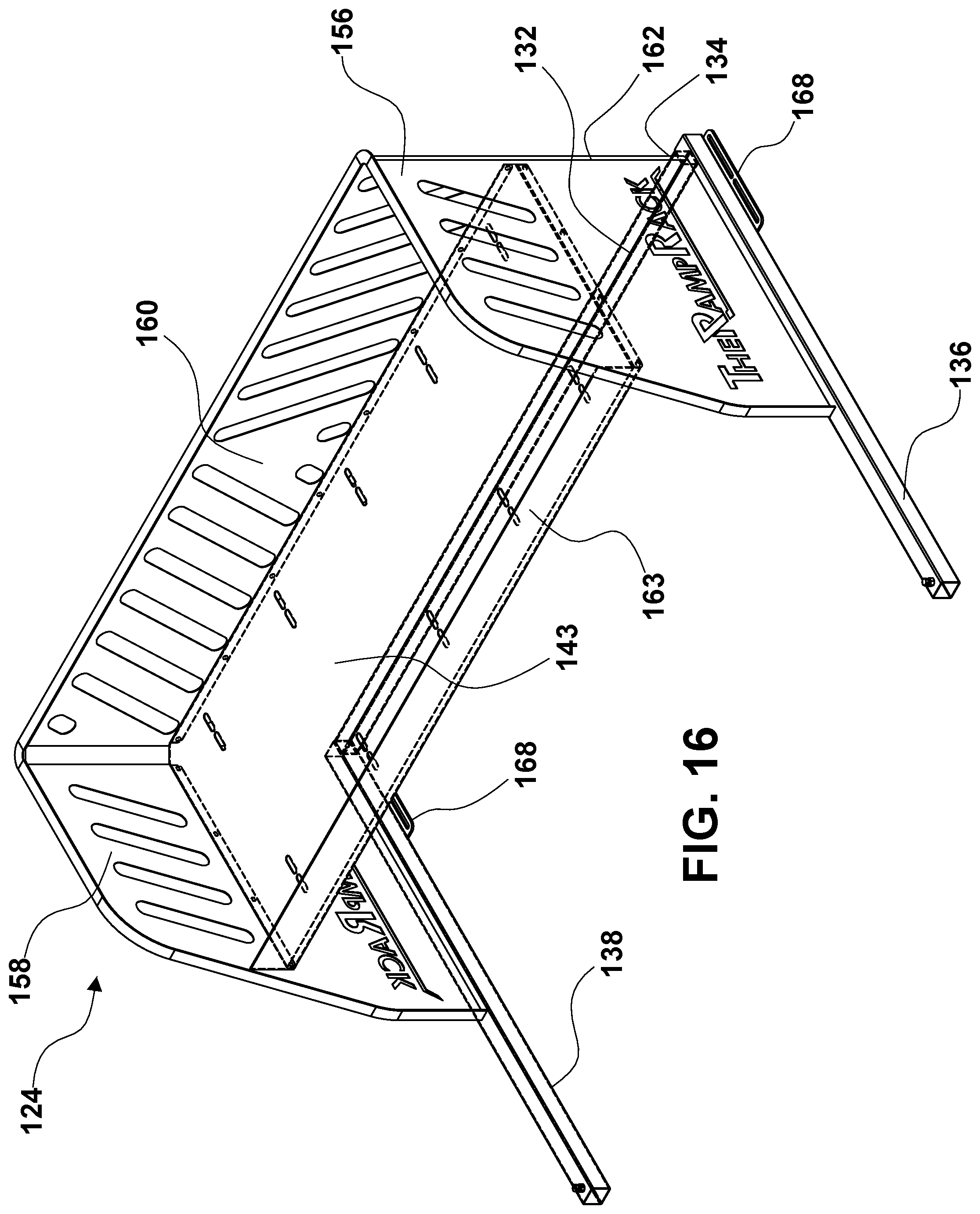 Patent US12351094 Figure 16 – Convertible ramp body for use with vehicles having cargo beds, a combination vehicle and convertible ramp body, and/or a method of loading rolling tools into a cargo bed of a vehicle using a convertible ramp body