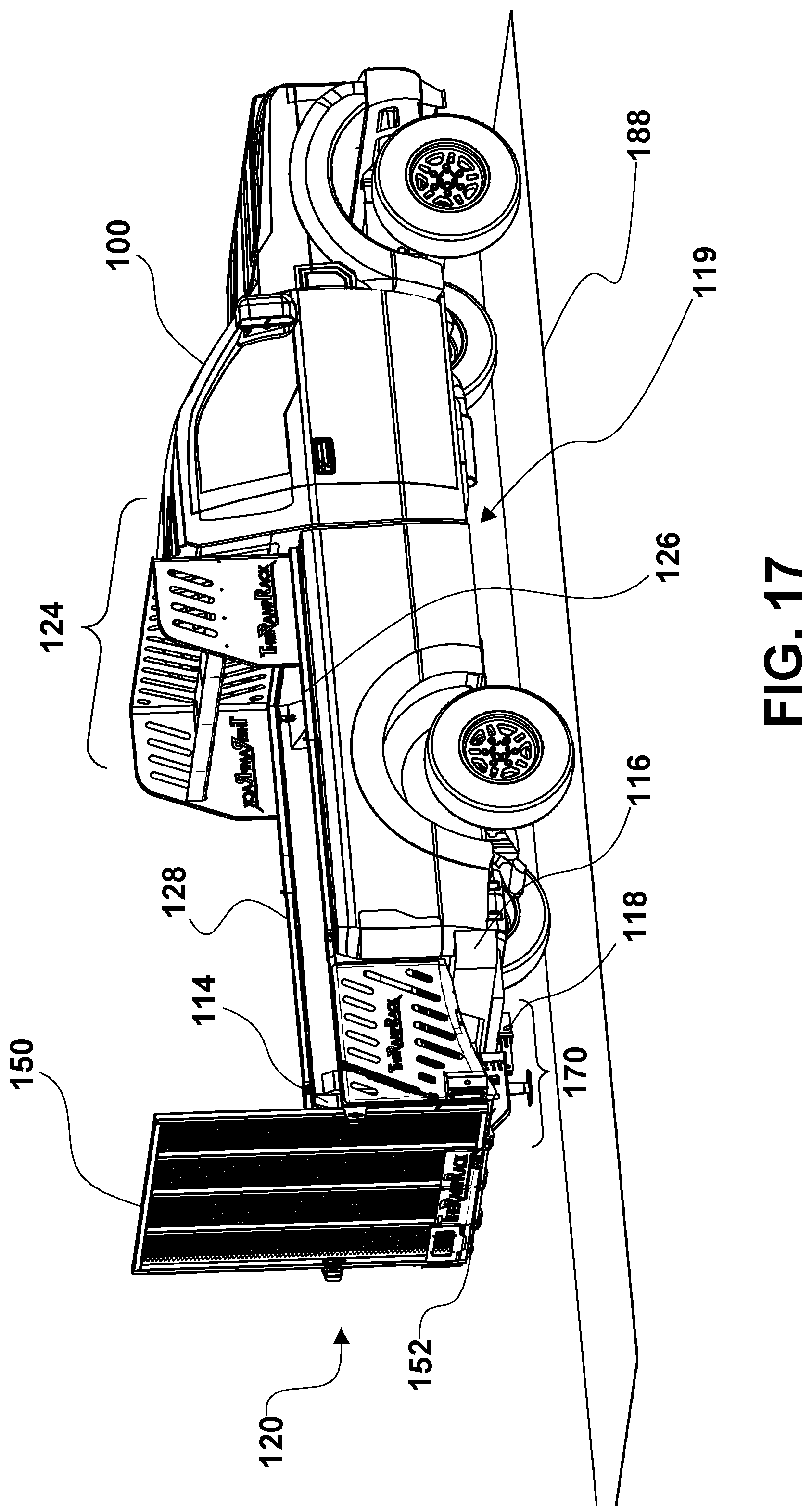 Patent US12351094 Figure 17 – Convertible ramp body for use with vehicles having cargo beds, a combination vehicle and convertible ramp body, and/or a method of loading rolling tools into a cargo bed of a vehicle using a convertible ramp body