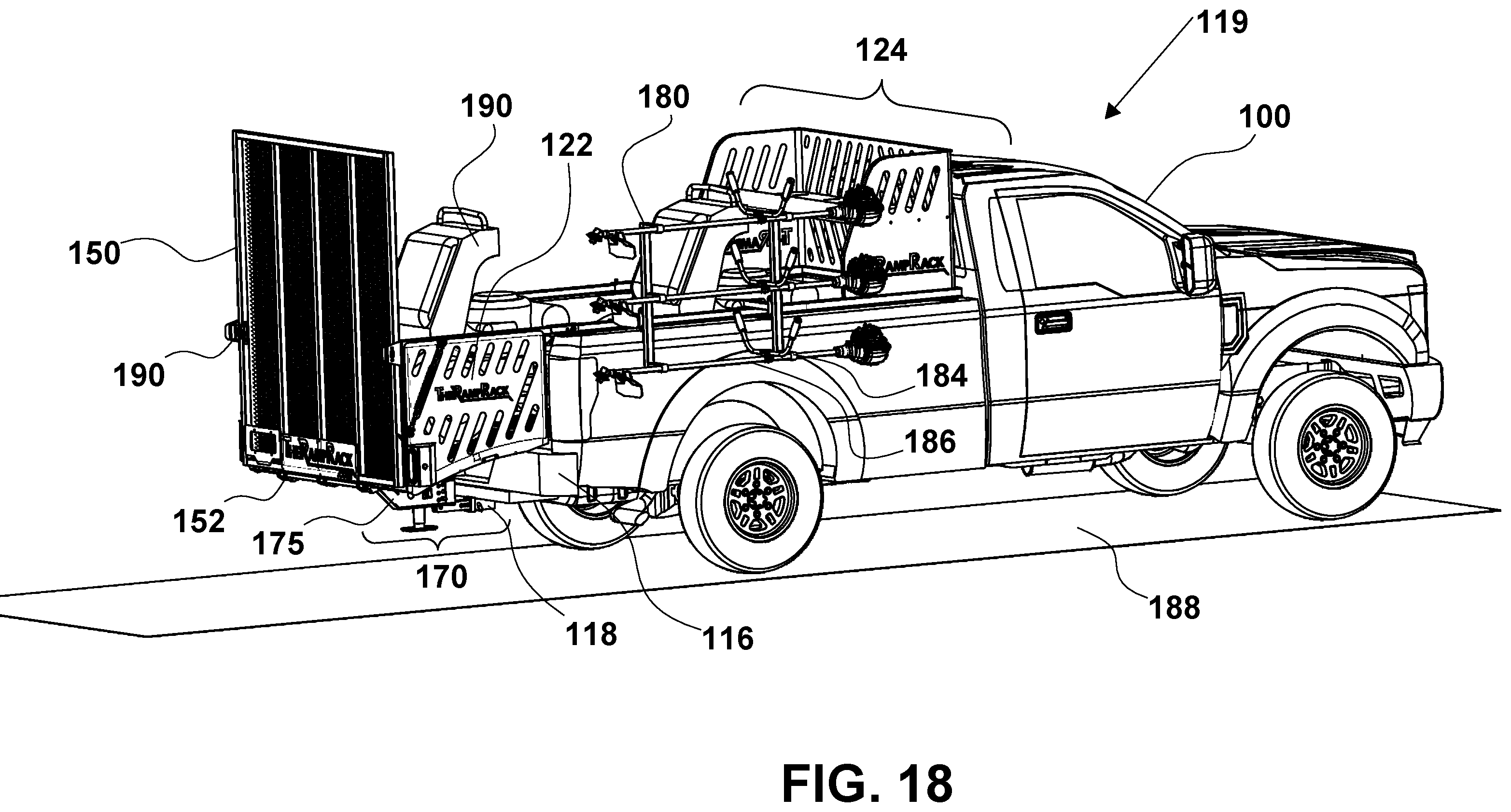 Patent US12351094 Figure 18 – Convertible ramp body for use with vehicles having cargo beds, a combination vehicle and convertible ramp body, and/or a method of loading rolling tools into a cargo bed of a vehicle using a convertible ramp body