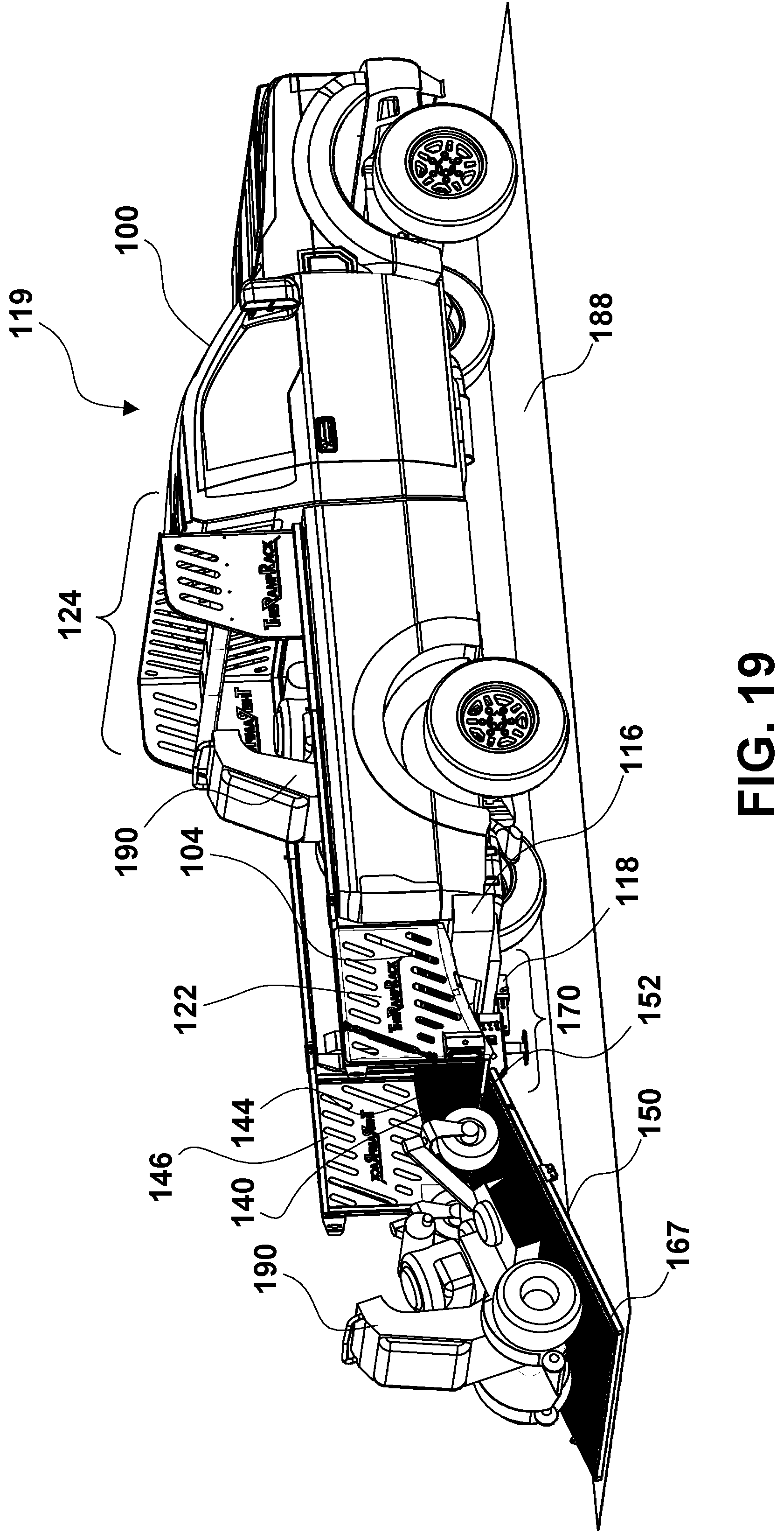 Patent US12351094 Figure 19 – Convertible ramp body for use with vehicles having cargo beds, a combination vehicle and convertible ramp body, and/or a method of loading rolling tools into a cargo bed of a vehicle using a convertible ramp body