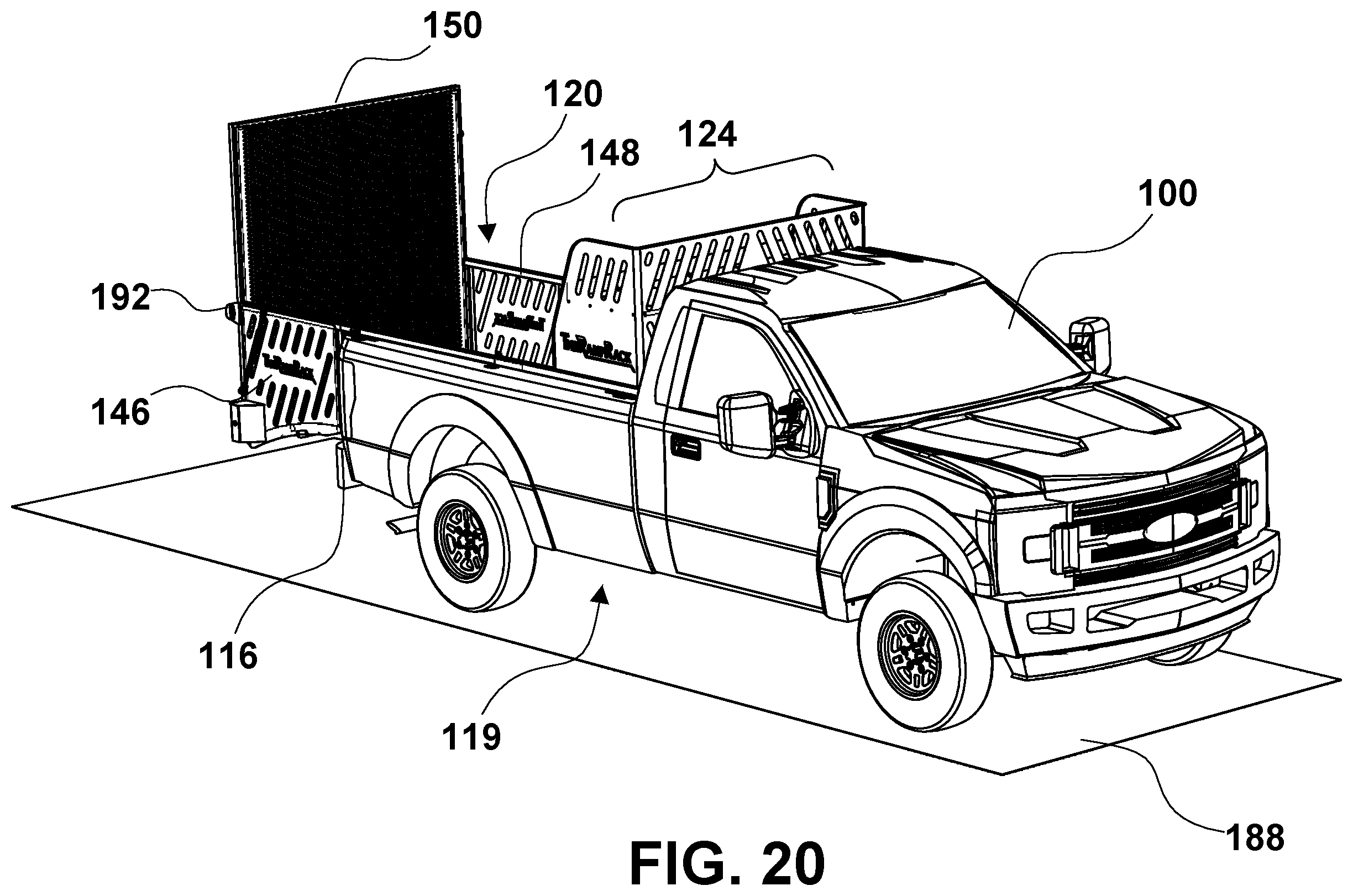 Patent US12351094 Figure 20 – Convertible ramp body for use with vehicles having cargo beds, a combination vehicle and convertible ramp body, and/or a method of loading rolling tools into a cargo bed of a vehicle using a convertible ramp body