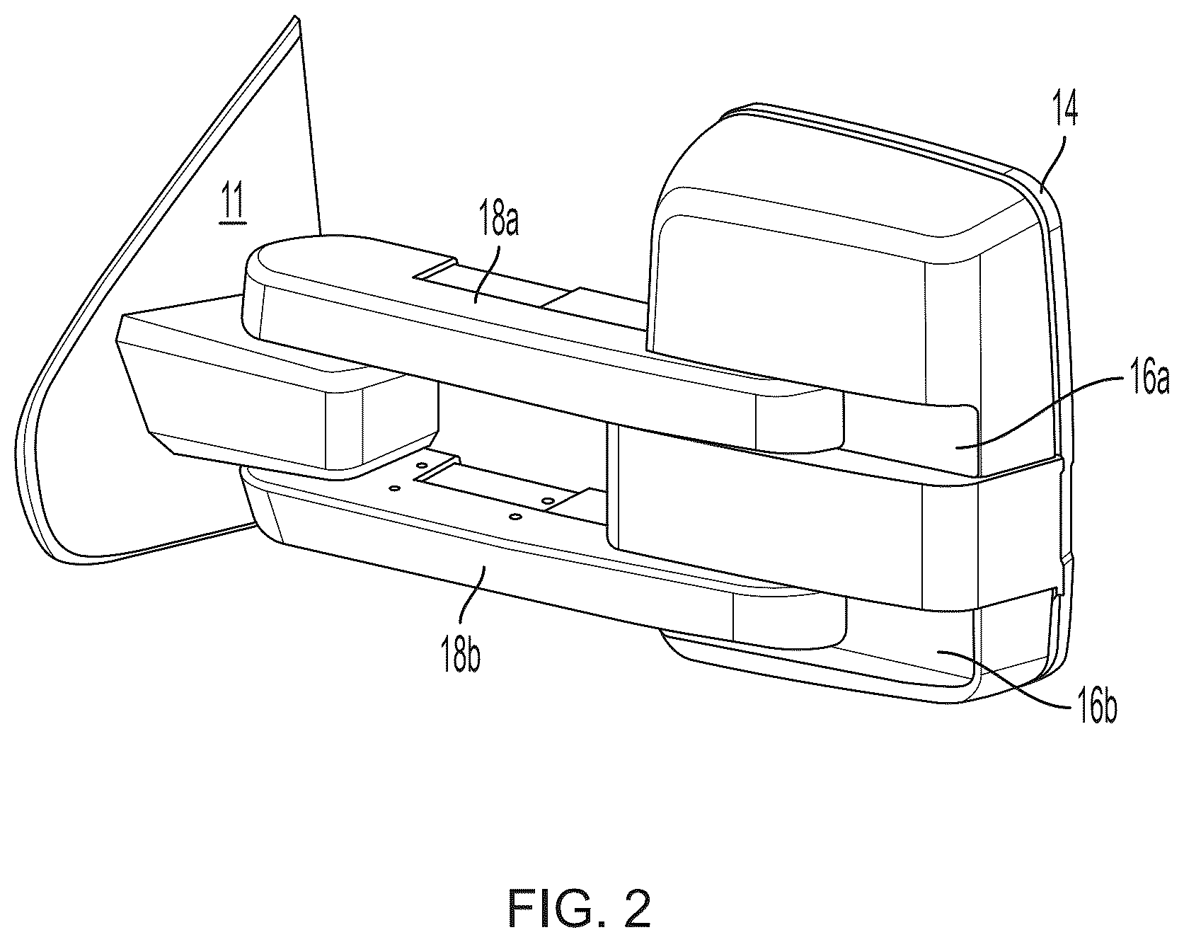 Patent US12351108 Figure 2 – Vehicular exterior rearview mirror assembly with extendable and retractable mirror head