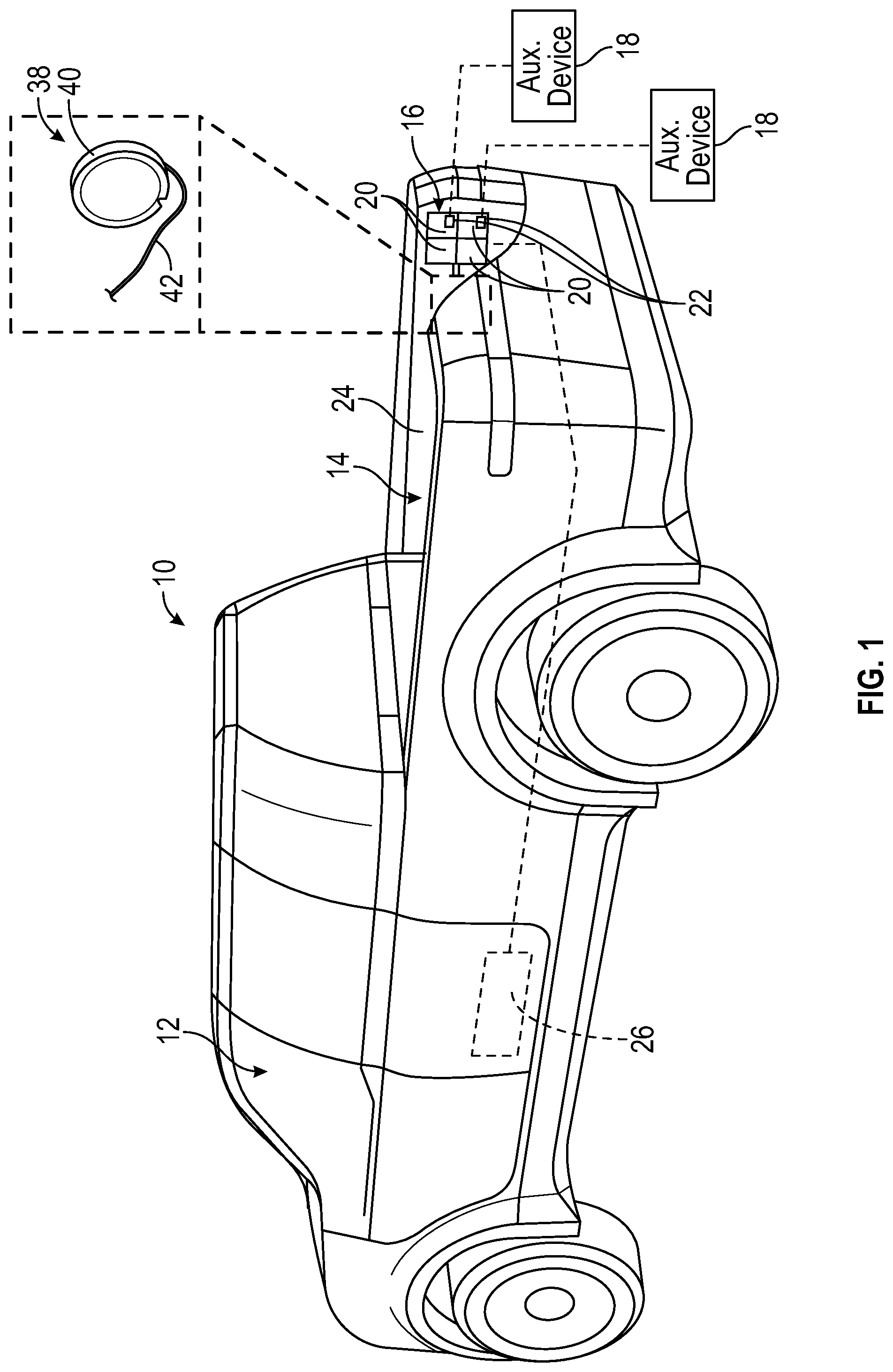 Patent US12351114 Figure 1 – Vehicle remote power supply systems with integrated retractable extension cords
