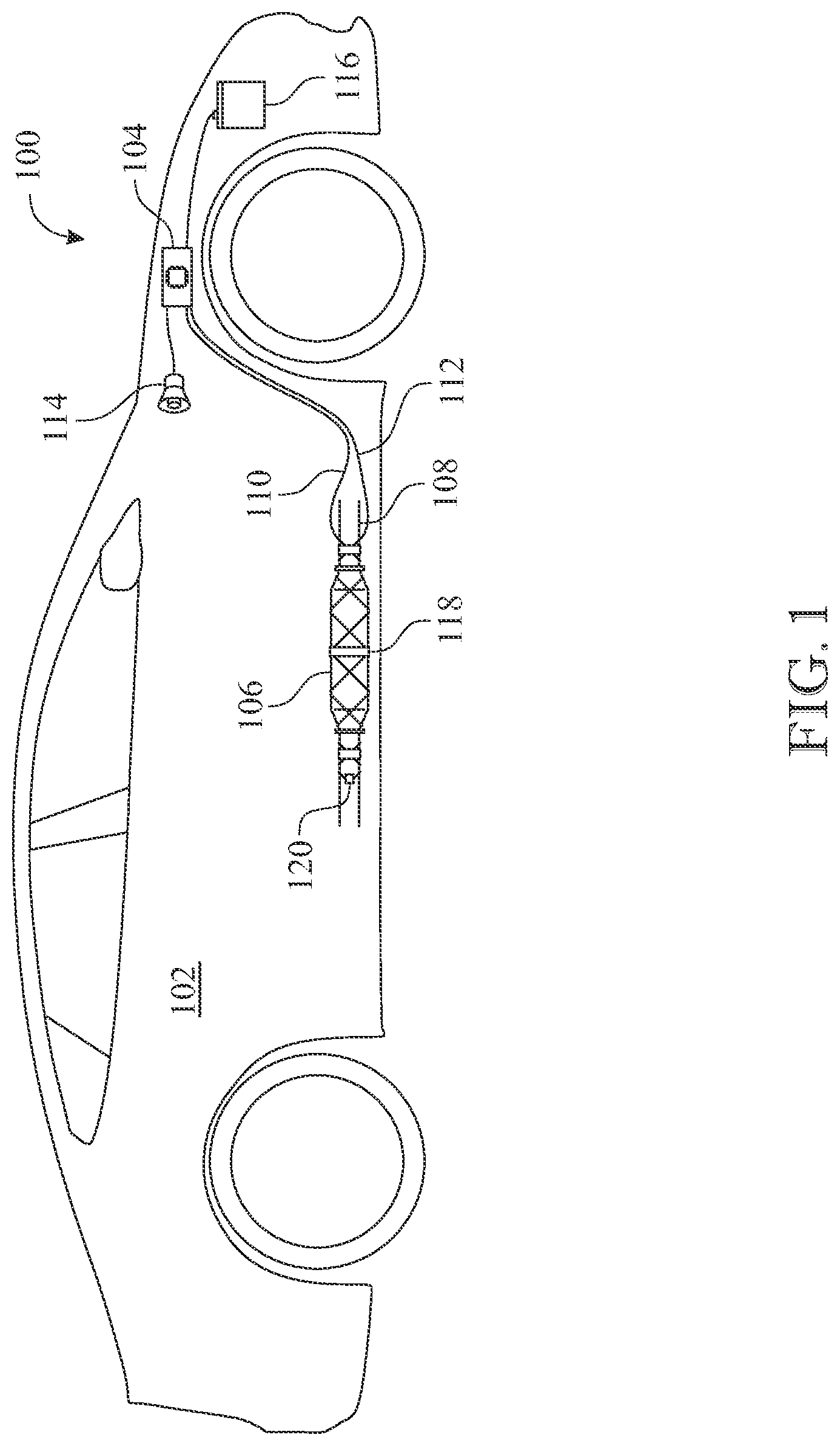 Patent US12351126 Figure 1 – Alarm system and method for detecting a removal of a catalytic converter or other item