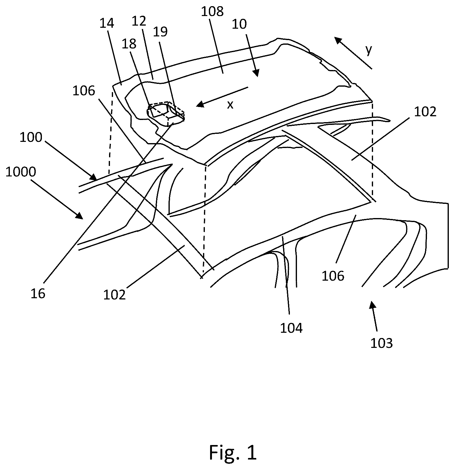 Patent US12351137 Figure 1 – Cleaning device for cleaning a see-through area of a motor vehicle