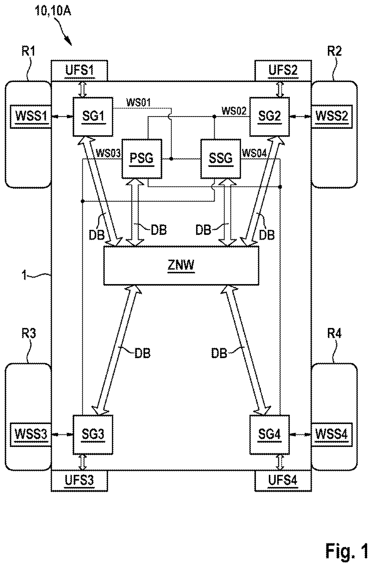 Patent US12351142 — Sensor assembly for a vehicle and multi-circuit braking system having redundant control and rotation rate information communication — Figure 1