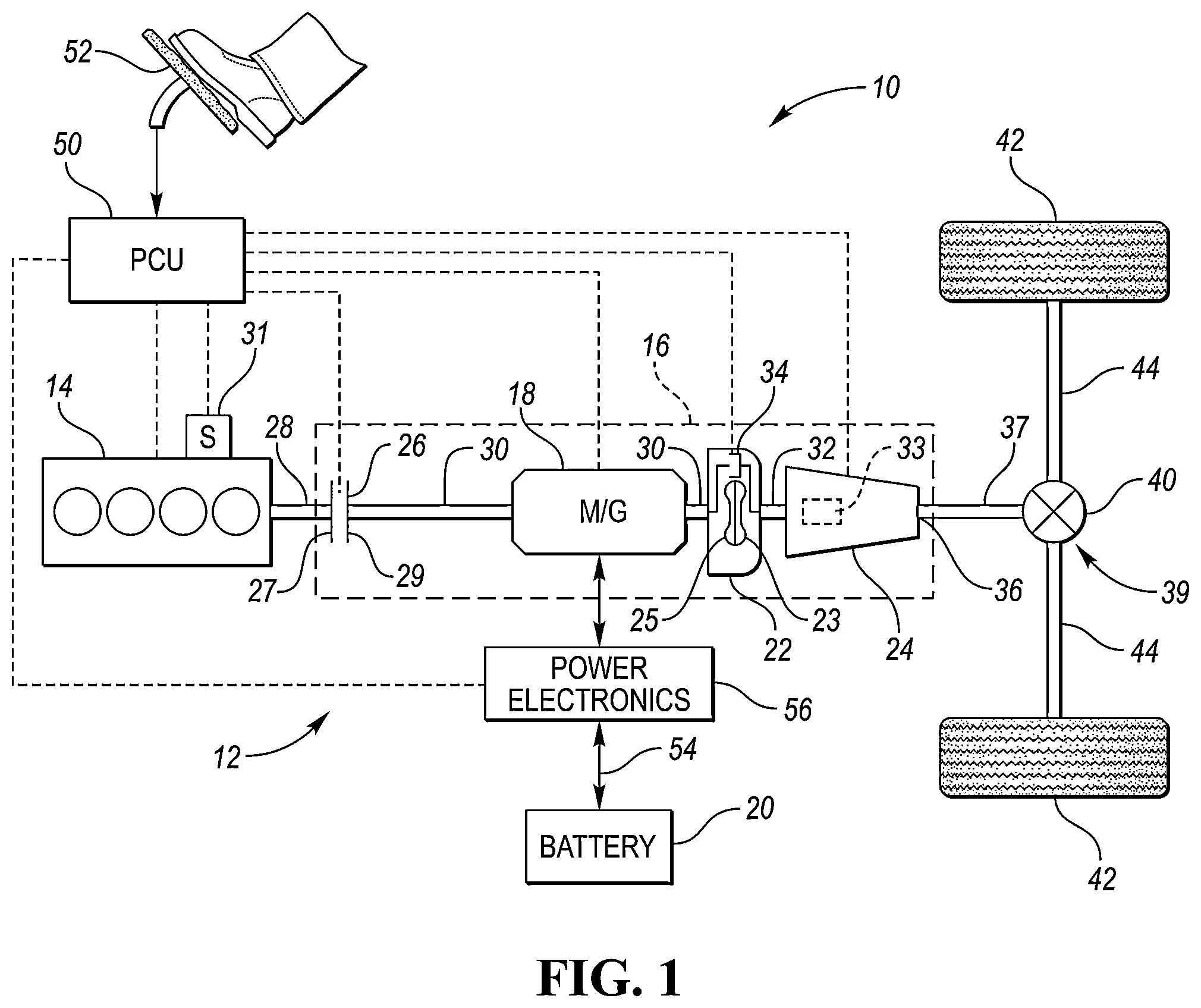 Patent US12351160 — Hybrid powertrain motor torque control during overrunning transmission — Figure 1