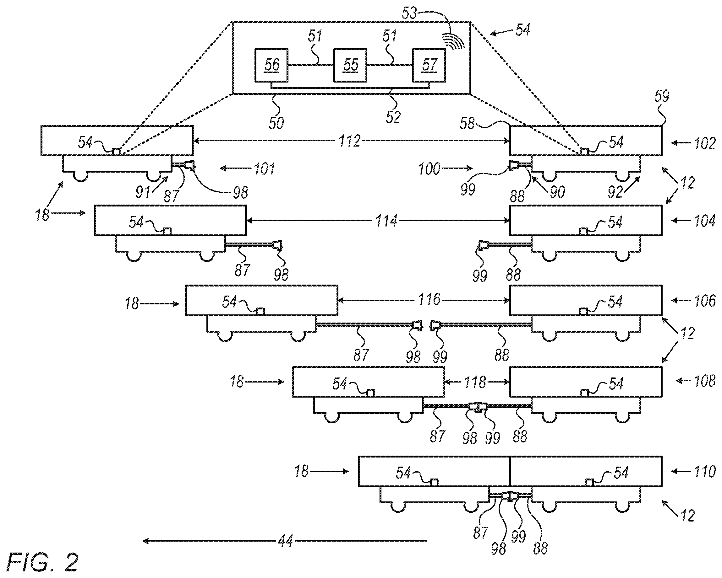 Patent US12351216 Figure 2 – Coupling between moving cars of a transportation system