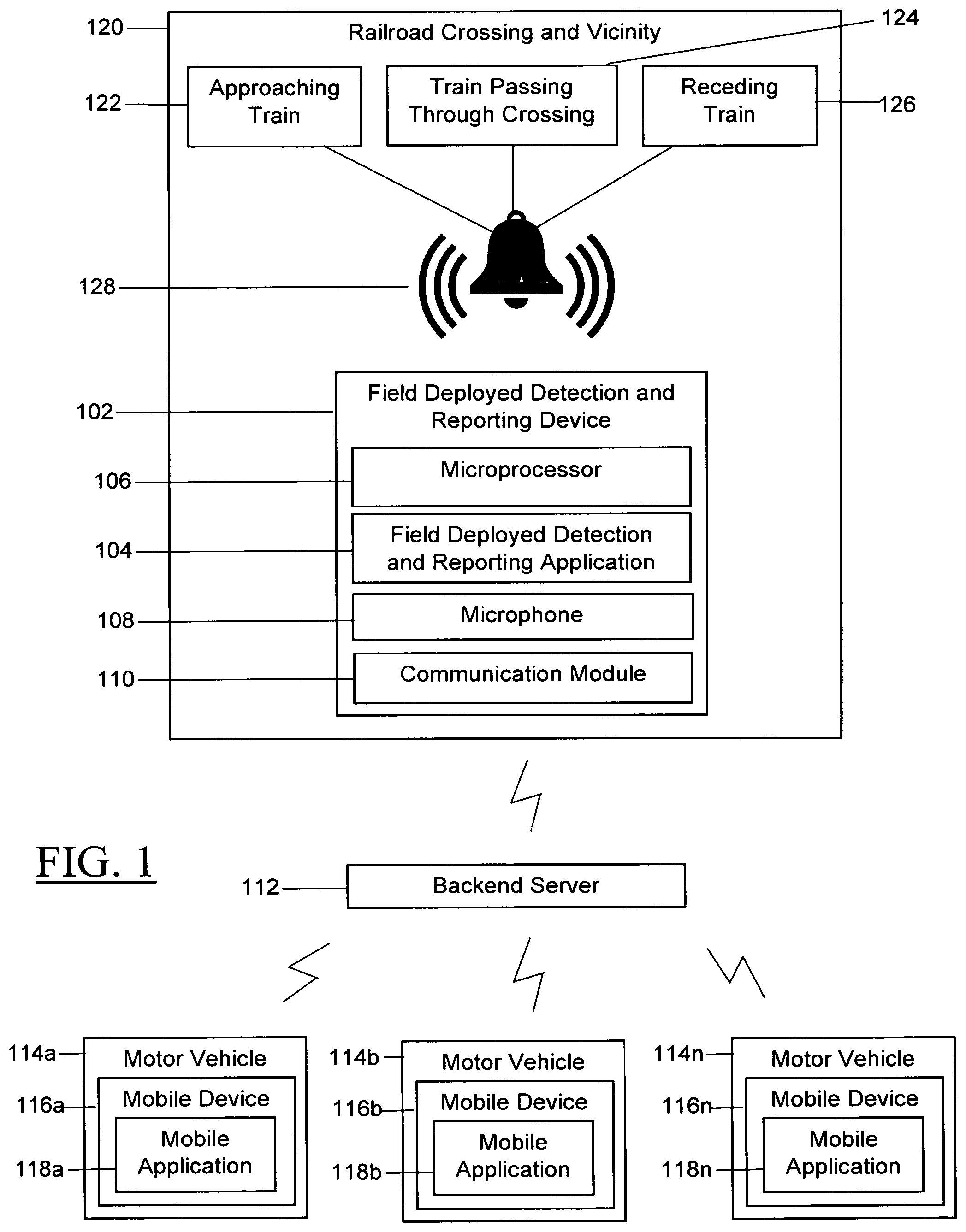 Patent US12351223 Figure 1 – Railroad crossing warning system for enhanced route planning