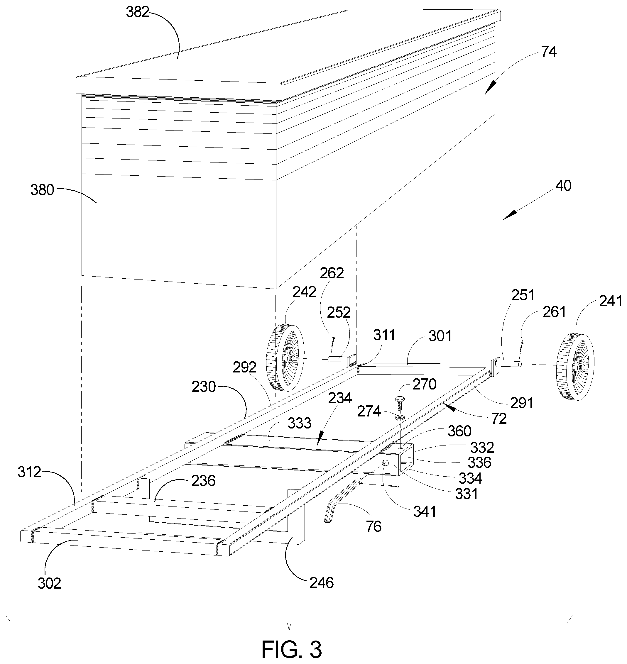Patent US12351227 Figure 3 – Cargo hauling assembly and method of utilizing the cargo hauling assembly on a vehicle