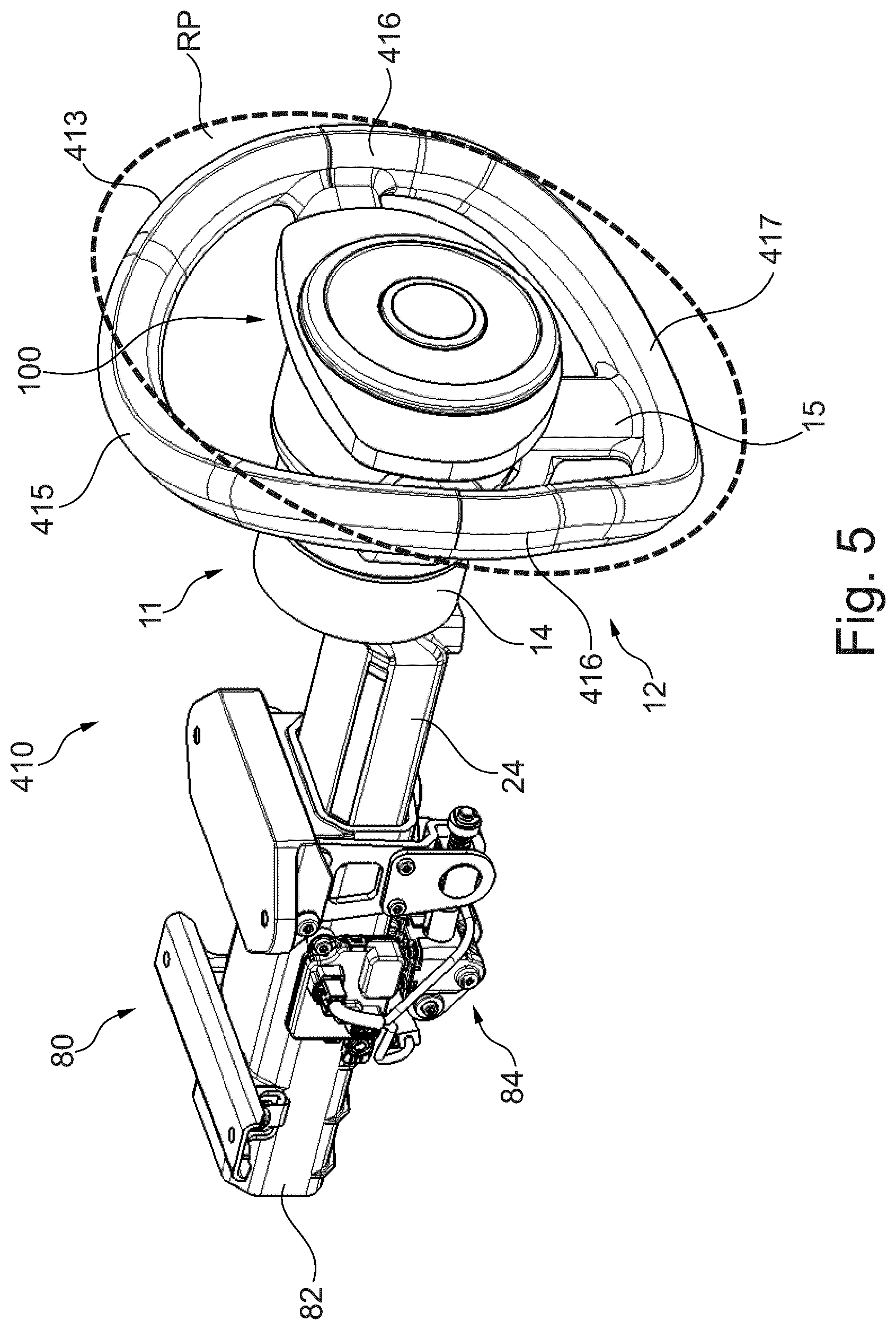Patent US12351232 Figure 5 – Retractable steering wheel arrangement with non-planar steering wheel rim