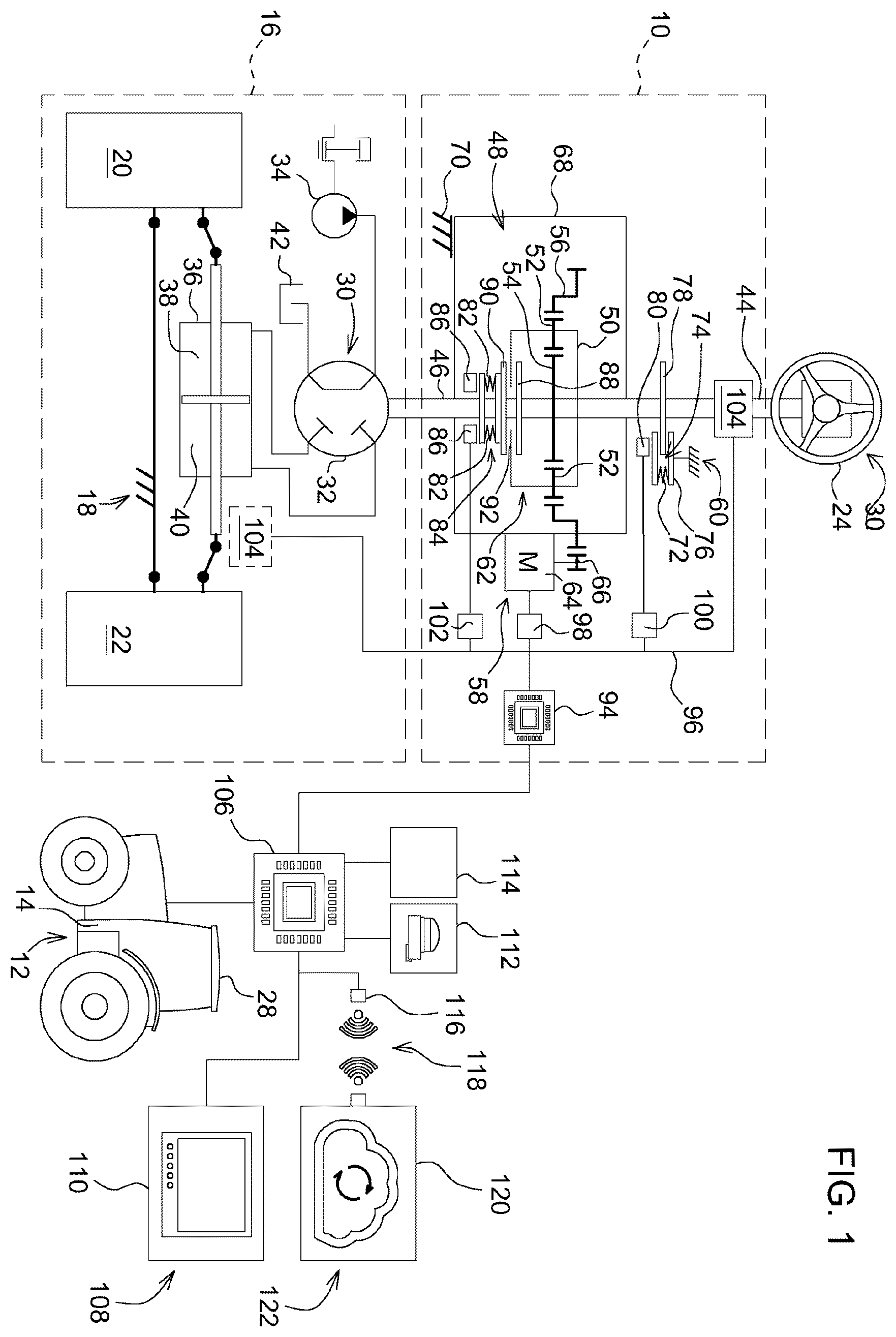 Patent US12351250 Figure 1 – Auxiliary steering device for a hydrostatic vehicle steering system