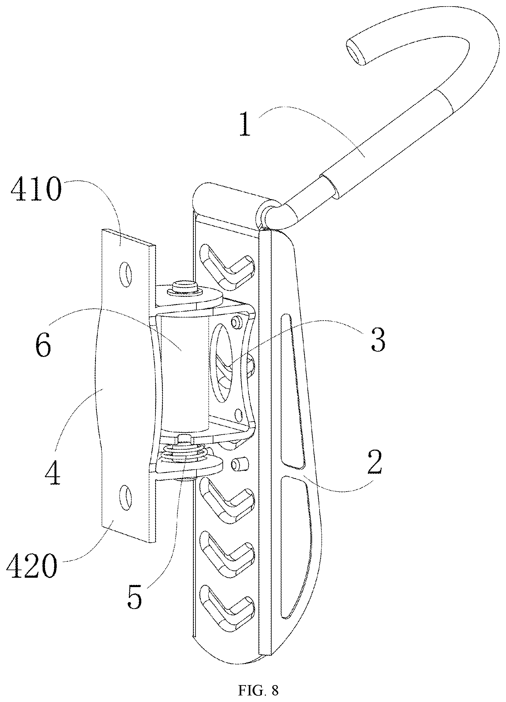 Patent US12351260 Figure 8 – Bilaterally positionable and rotatable bicycle rack