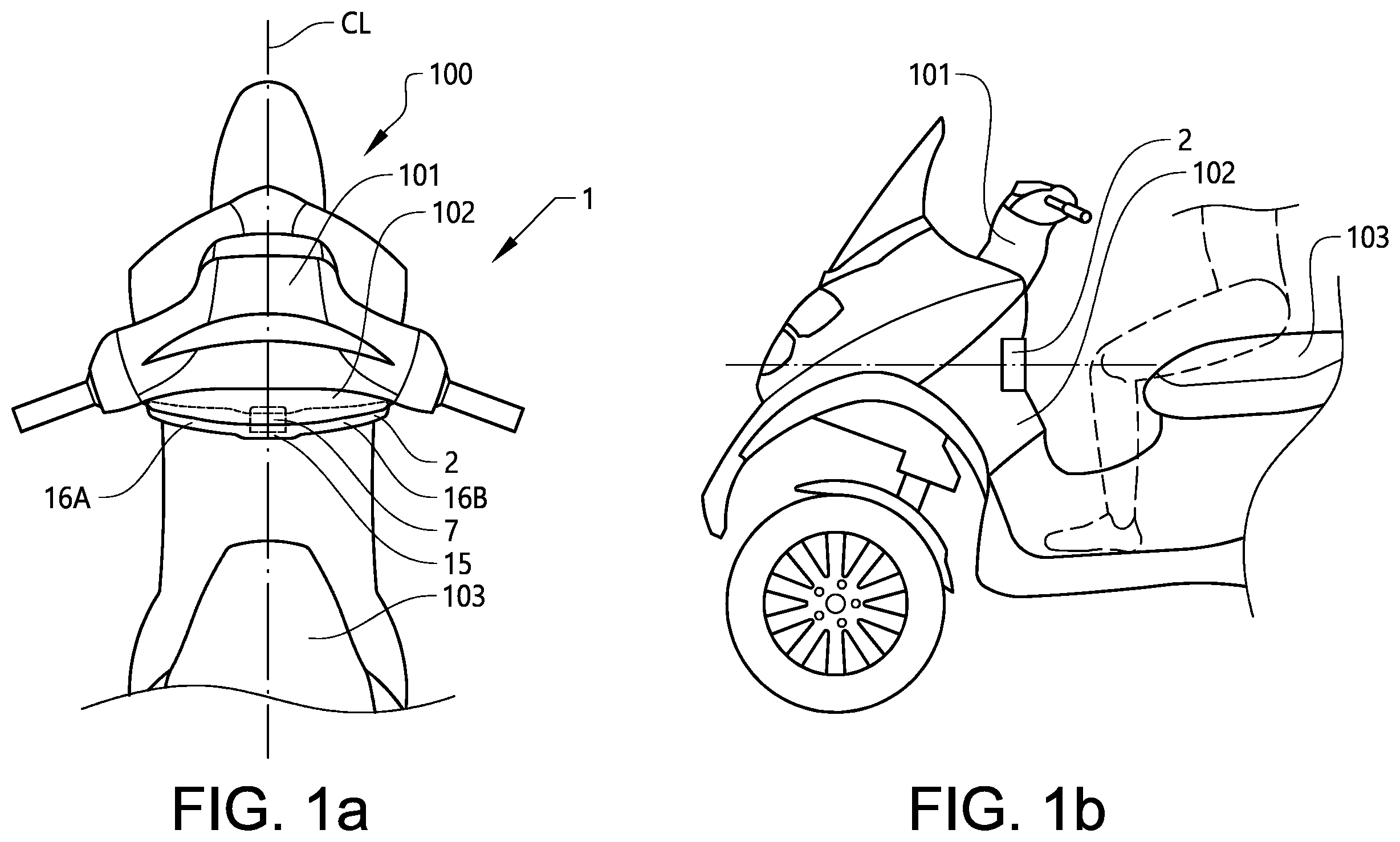 Patent US12351265 Figure 1 – Airbag system for a powered saddle-ride type vehicle and a powered saddle-ride type vehicle provided with such system