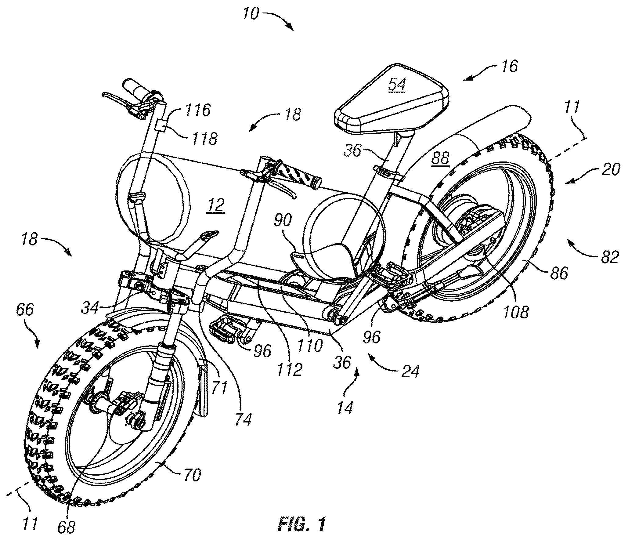 Patent US12351270 Figure 1 – Riding bag transport cart/cycle
