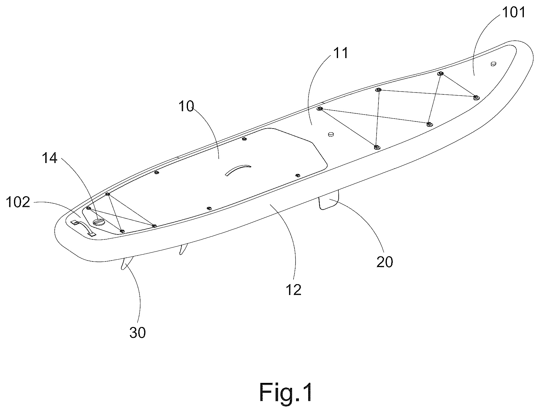 Patent US12351279 Figure 1 – Inflatable paddle board with central balancing fin