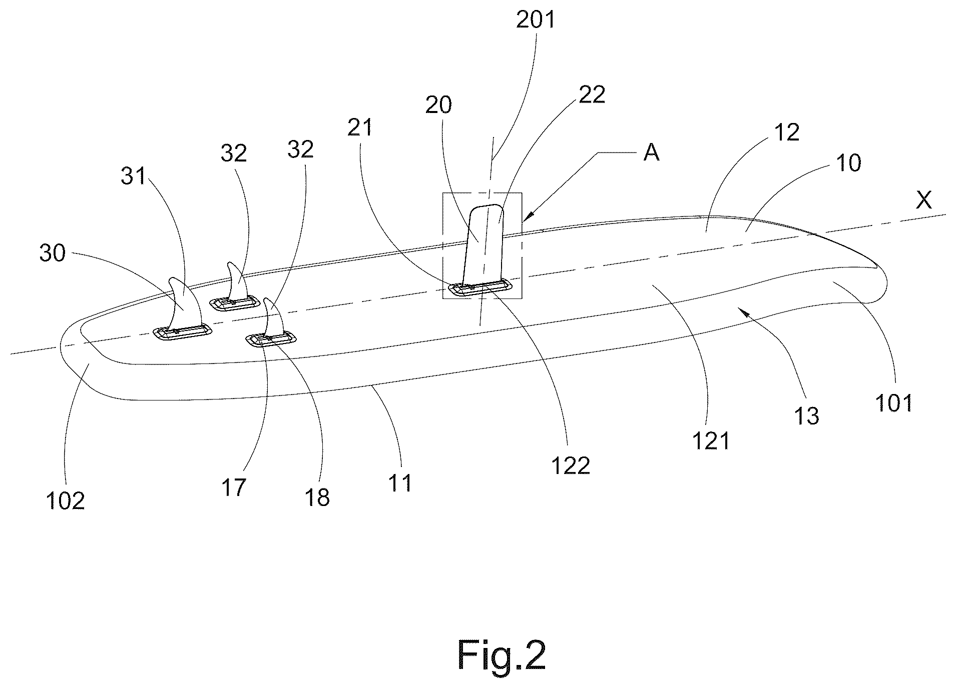 Patent US12351279 Figure 2 – Inflatable paddle board with central balancing fin