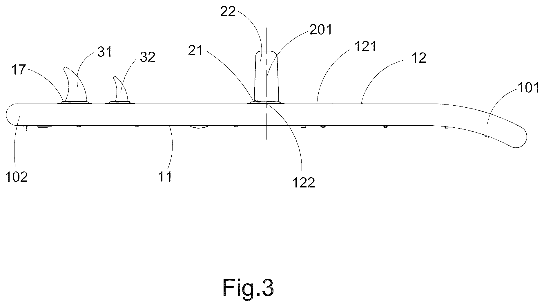 Patent US12351279 Figure 3 – Inflatable paddle board with central balancing fin