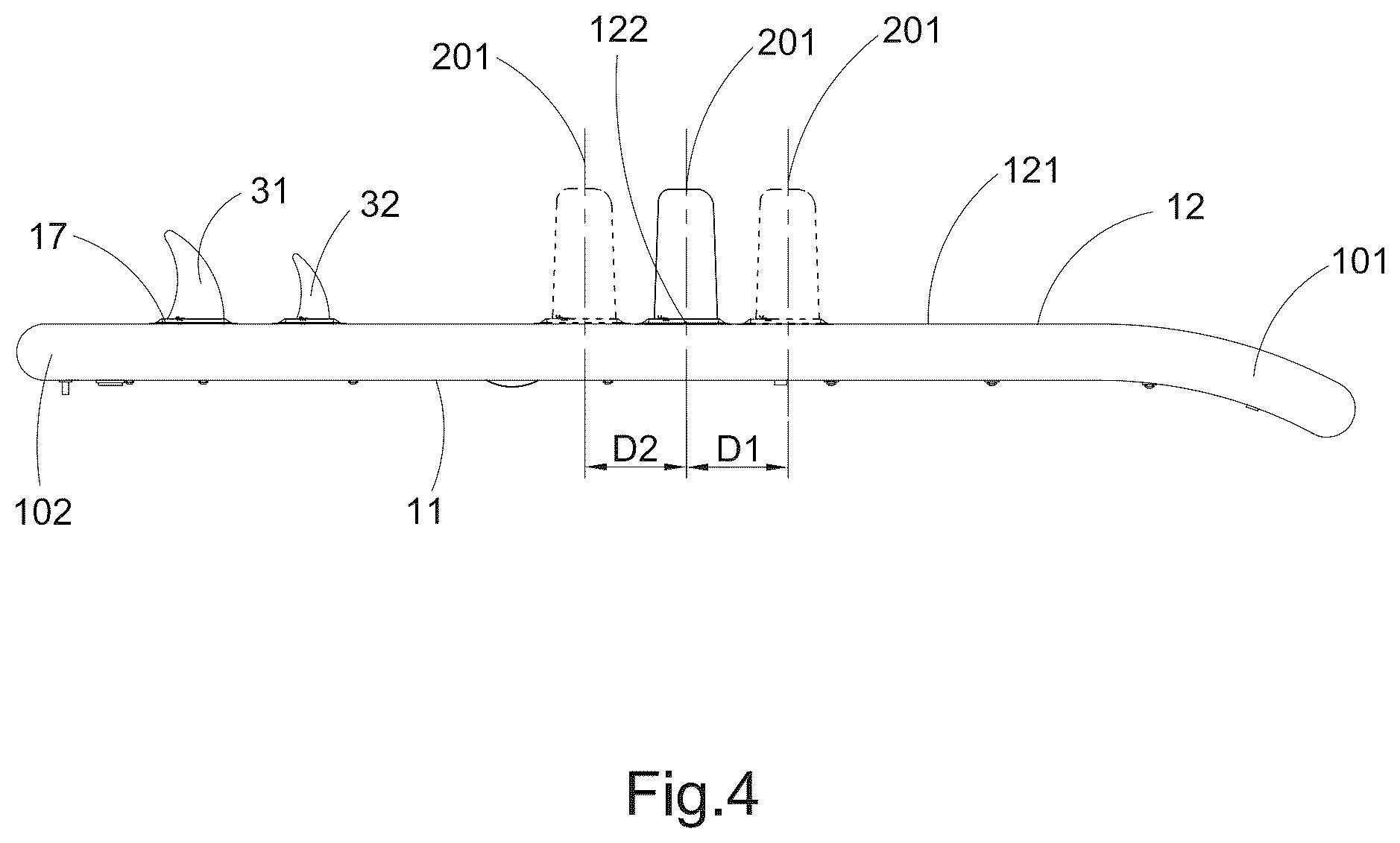 Patent US12351279 Figure 4 – Inflatable paddle board with central balancing fin