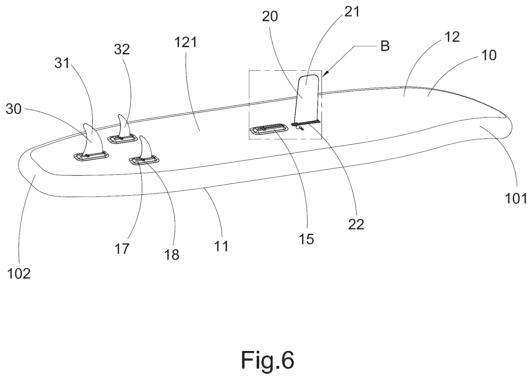 Patent US12351279 Figure 6 – Inflatable paddle board with central balancing fin