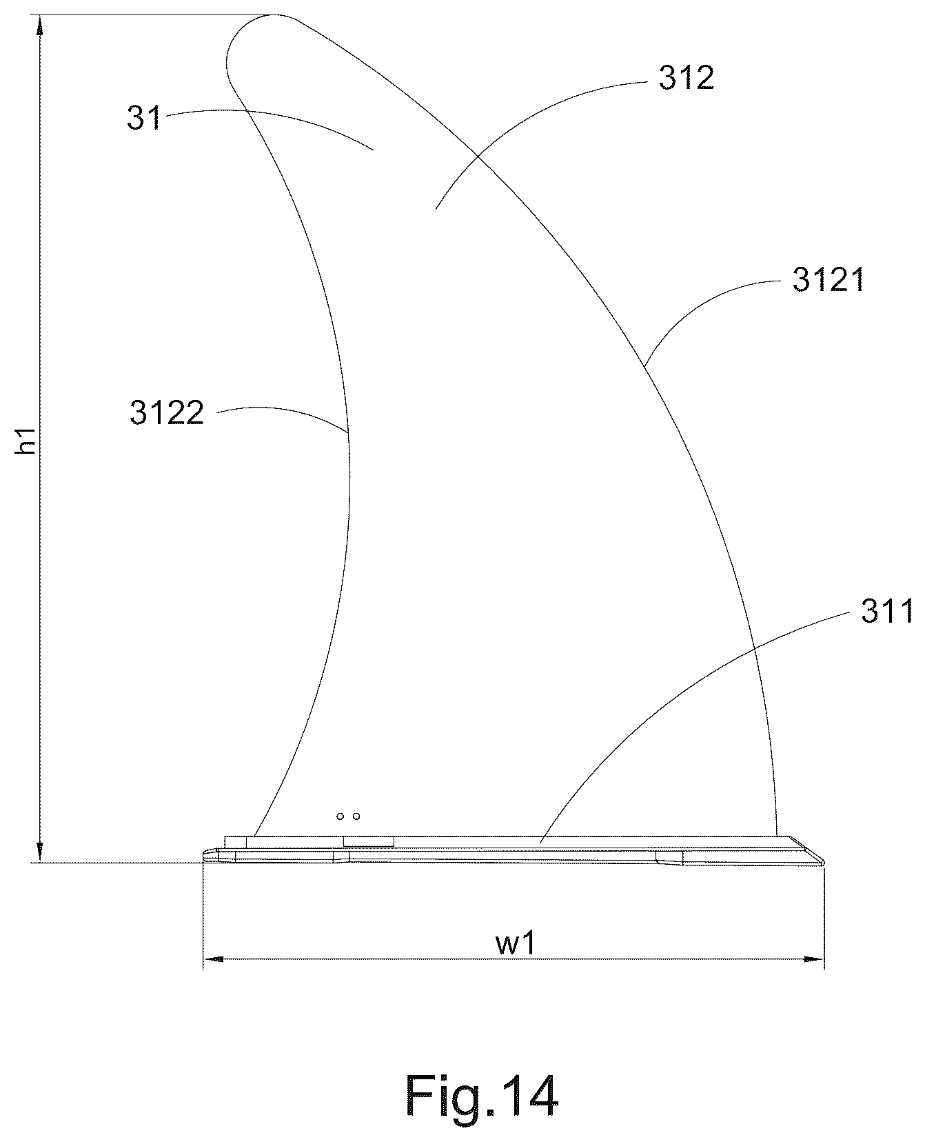 Patent US12351279 Figure 14 – Inflatable paddle board with central balancing fin
