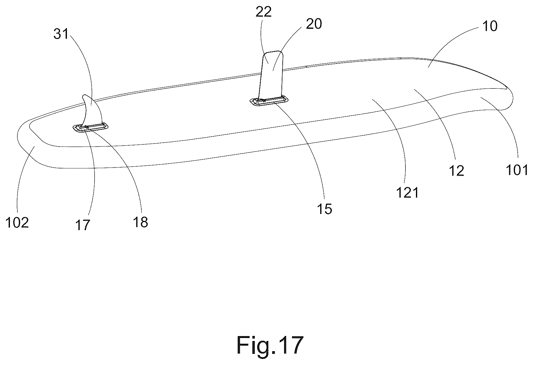 Patent US12351279 Figure 18 – Inflatable paddle board with central balancing fin
