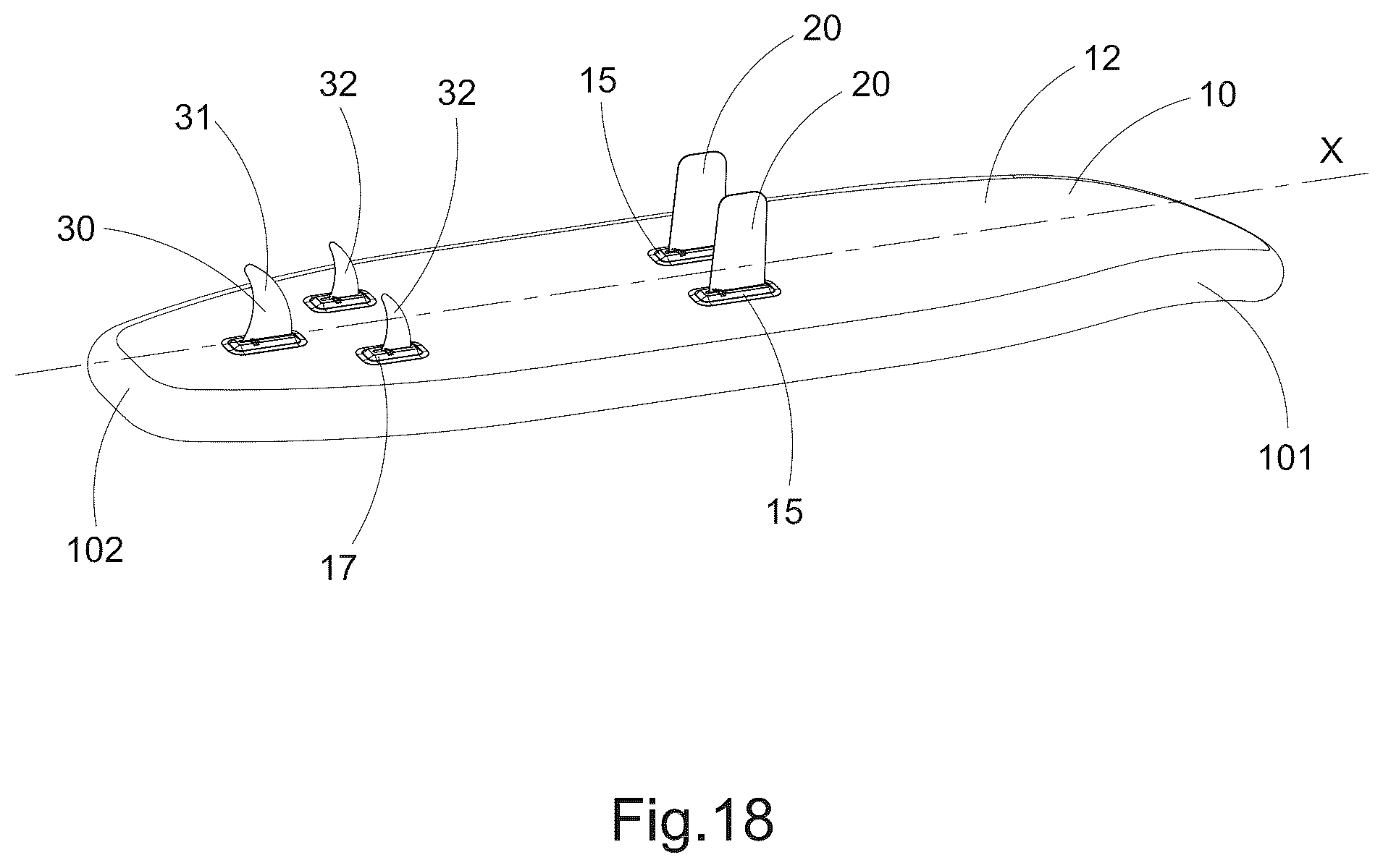 Patent US12351279 Figure 19 – Inflatable paddle board with central balancing fin