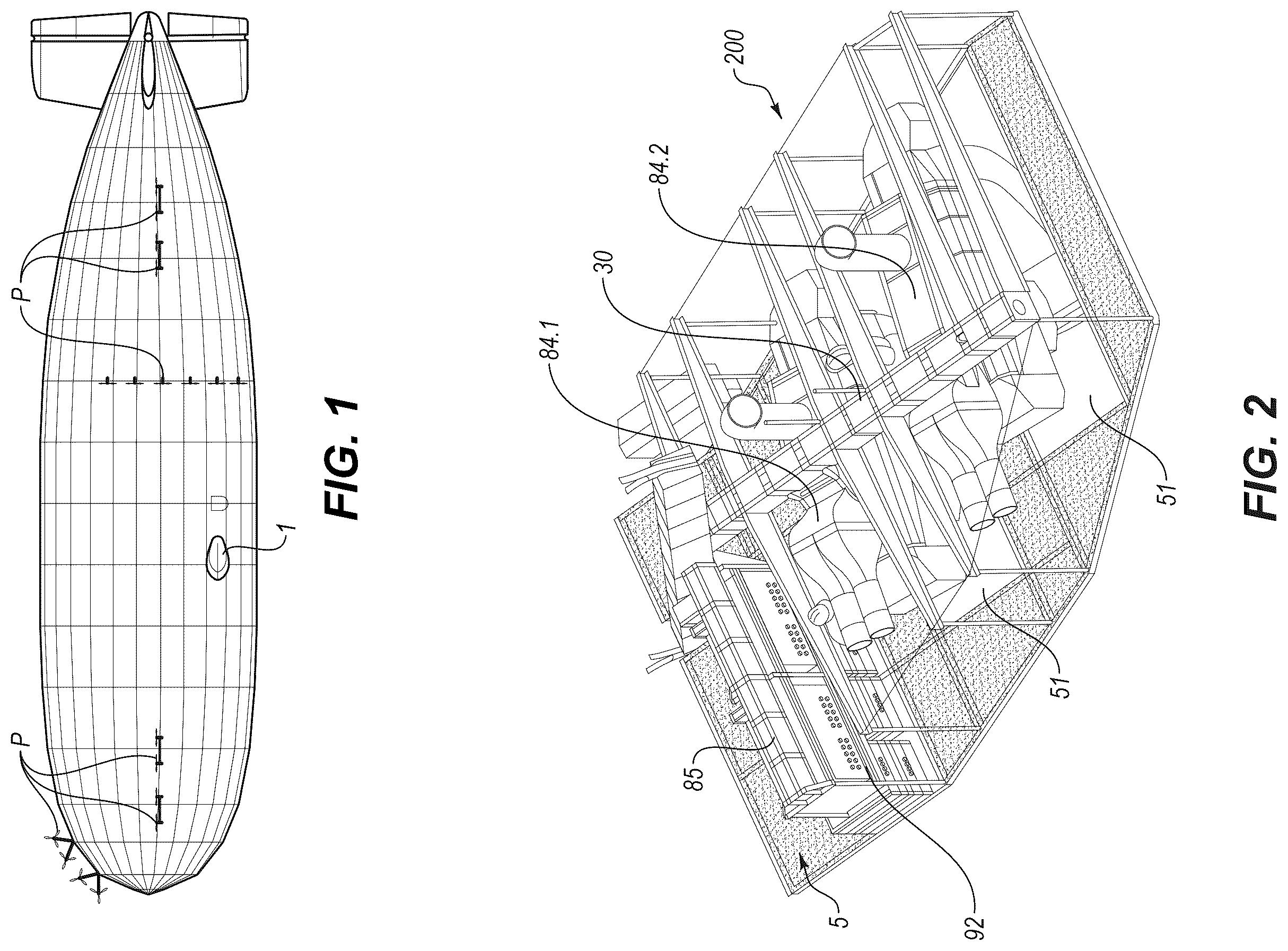 Patent US12351290 Figure 1 – Electrically propelled airship having a rigid frame and power-generating nacelle with which the airship is provided
