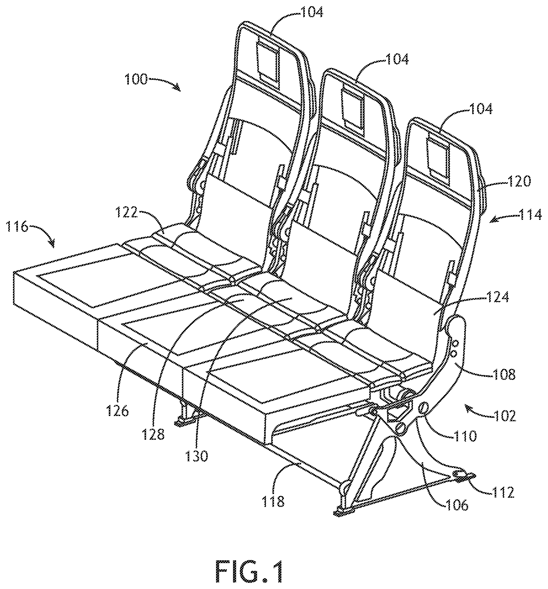 Patent US12351317 Figure 1 – Row of passenger seats convertible to a bed