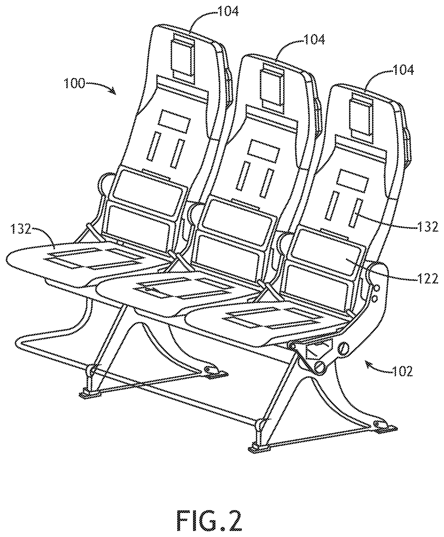 Patent US12351317 Figure 2 – Row of passenger seats convertible to a bed
