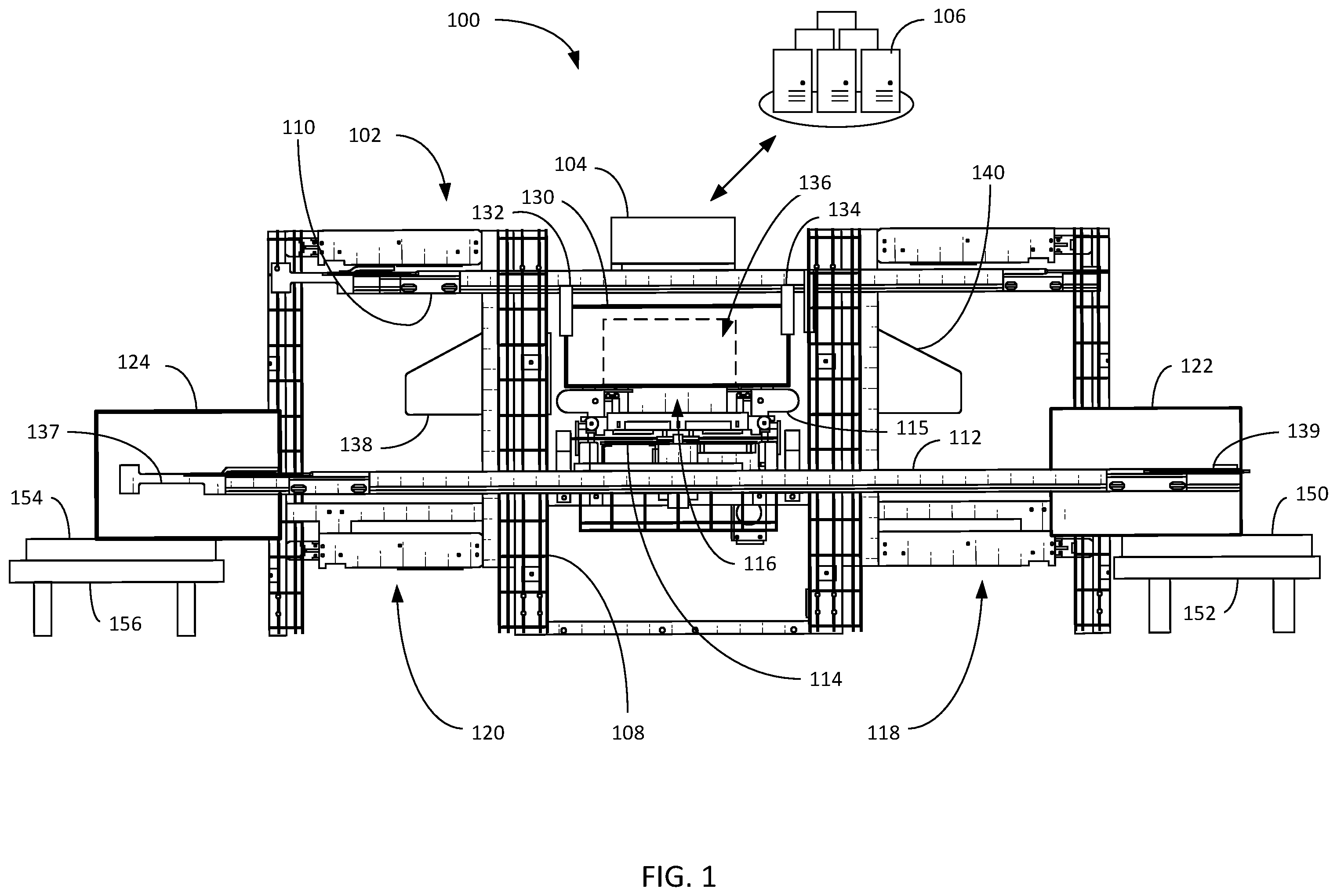 Patent US12351391 Figure 1 – Systems and methods for unloading shuttles and loading totes using linear actuators