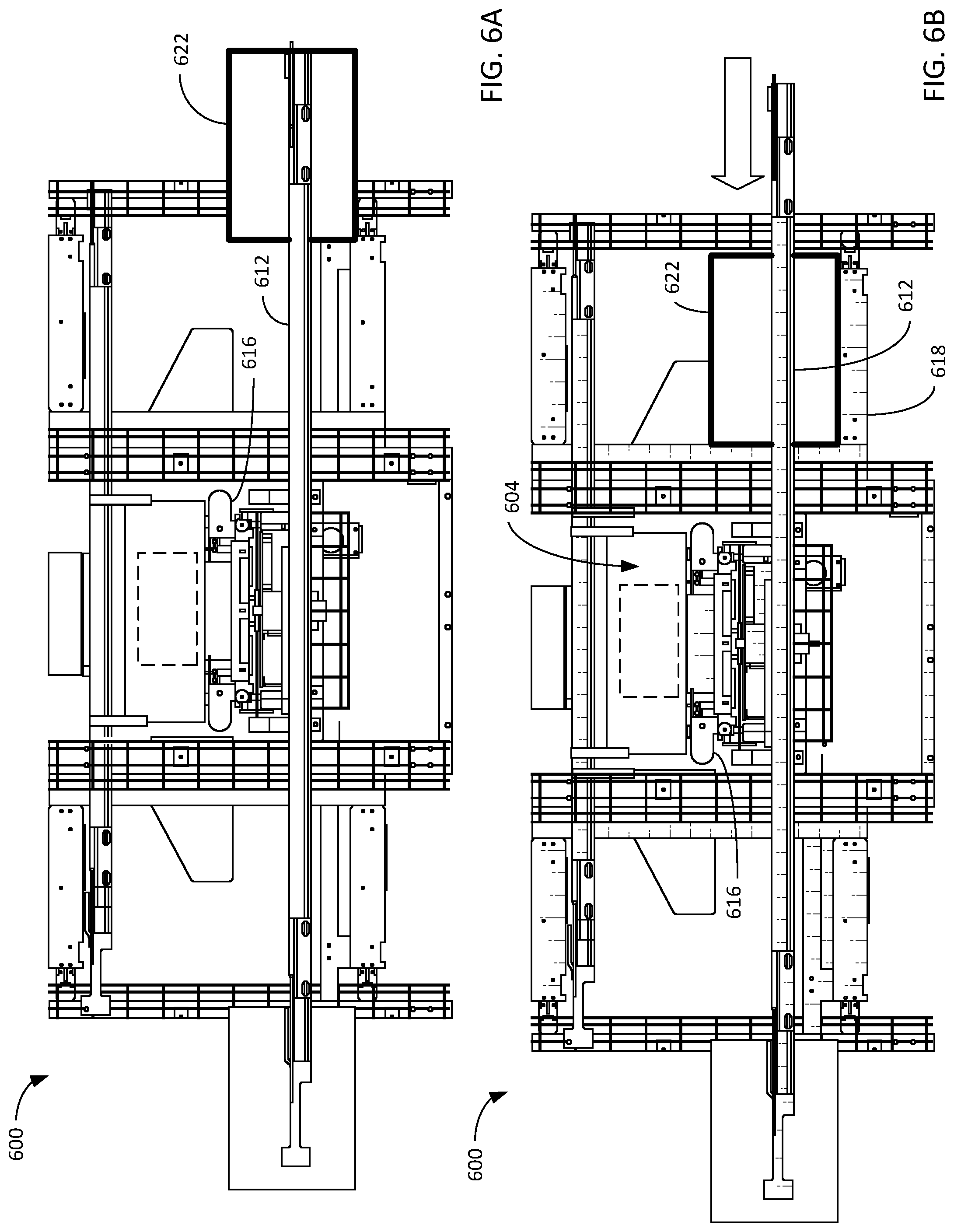 Patent US12351391 Figure 6 – Systems and methods for unloading shuttles and loading totes using linear actuators