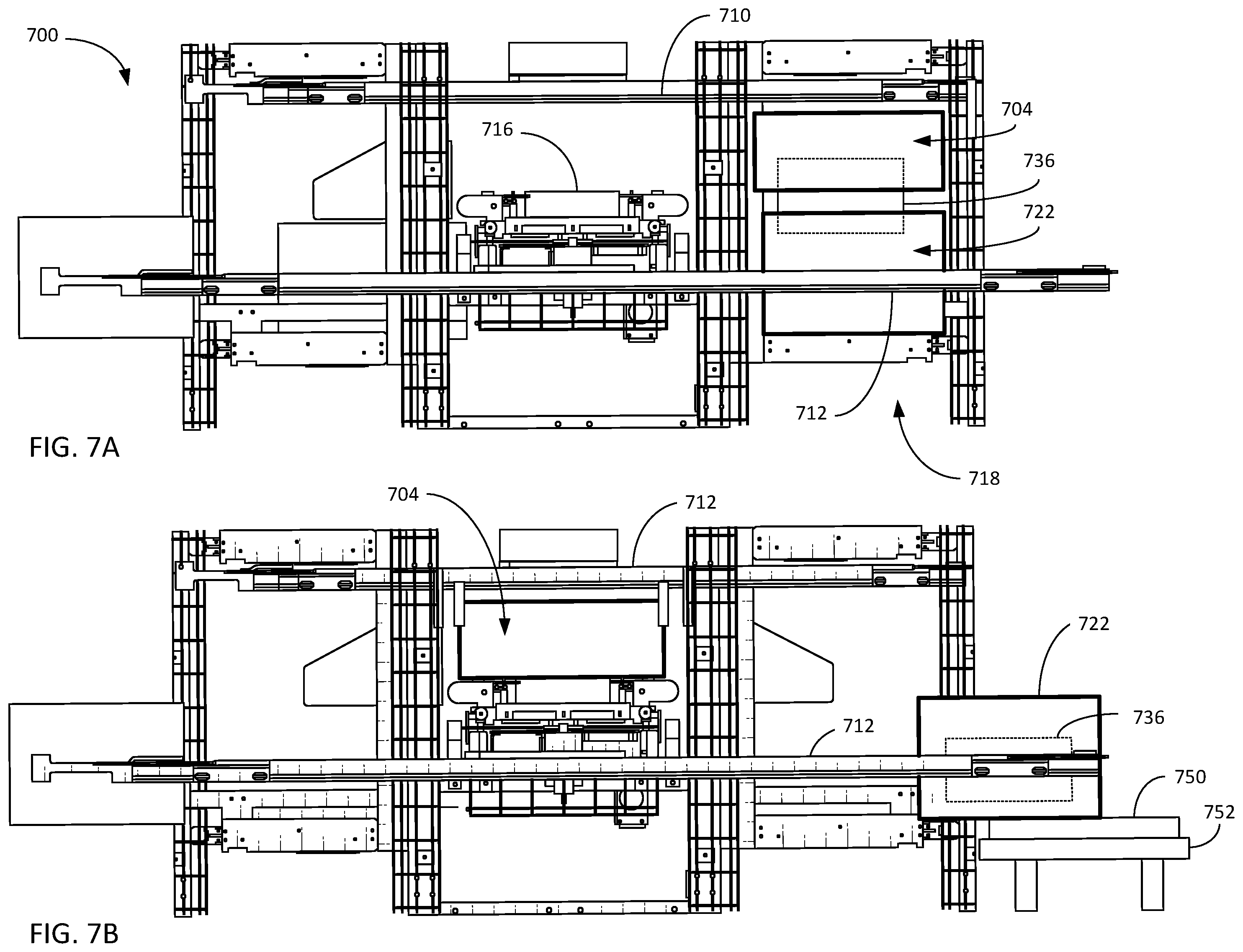 Patent US12351391 Figure 7 – Systems and methods for unloading shuttles and loading totes using linear actuators