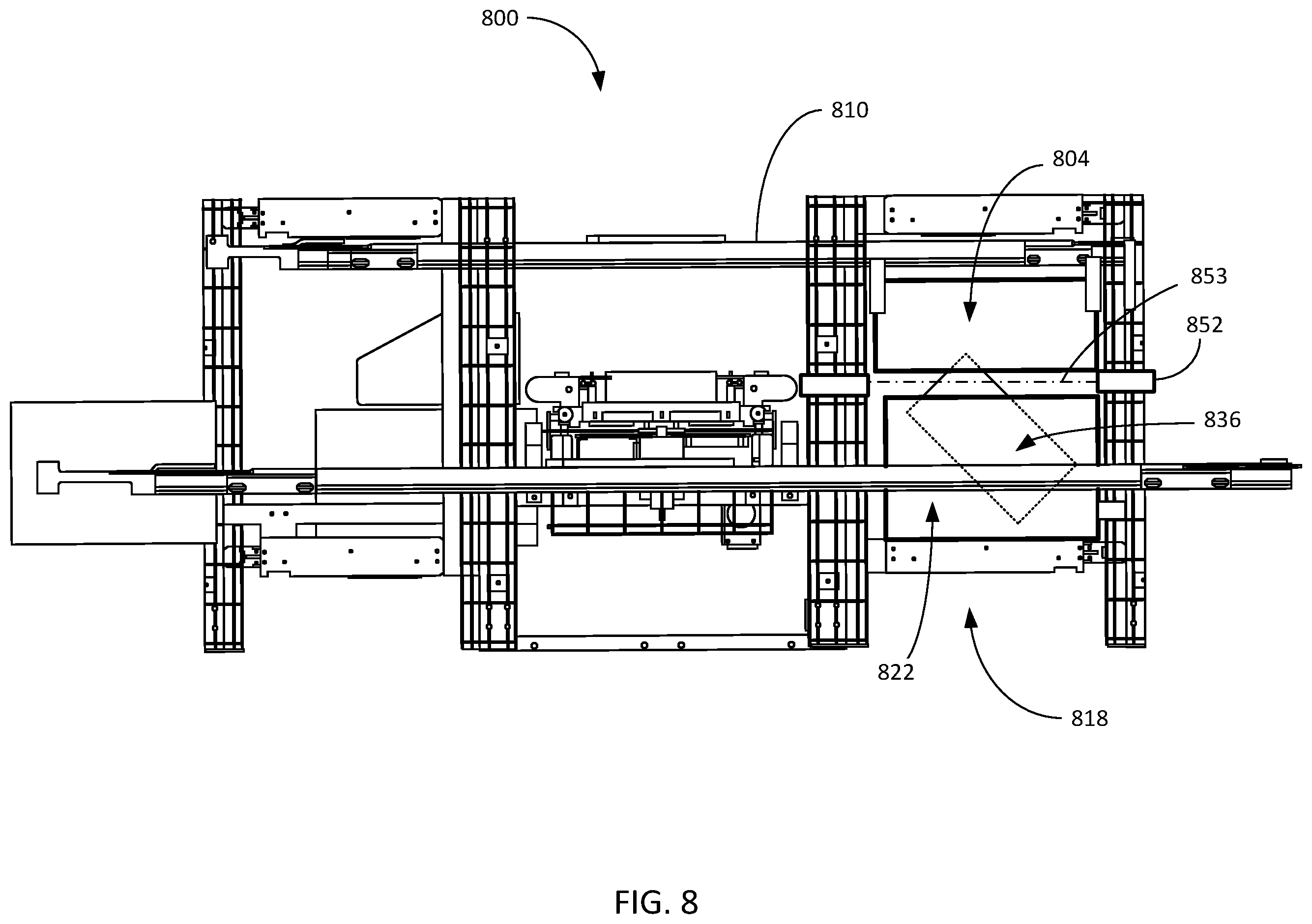 Patent US12351391 Figure 8 – Systems and methods for unloading shuttles and loading totes using linear actuators