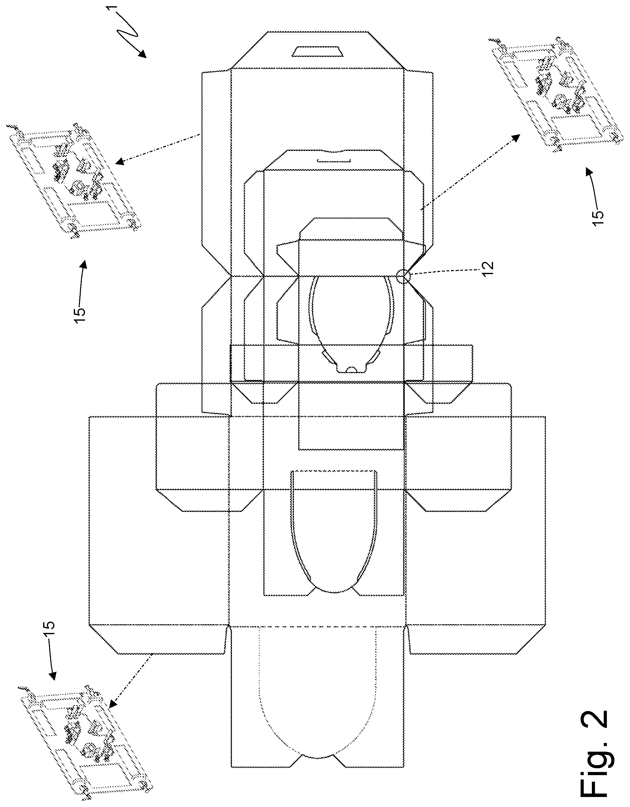 Patent US12351408 Figure 2 – Blank feeding unit for a packer machine and provided with a series of interchangeable hoppers